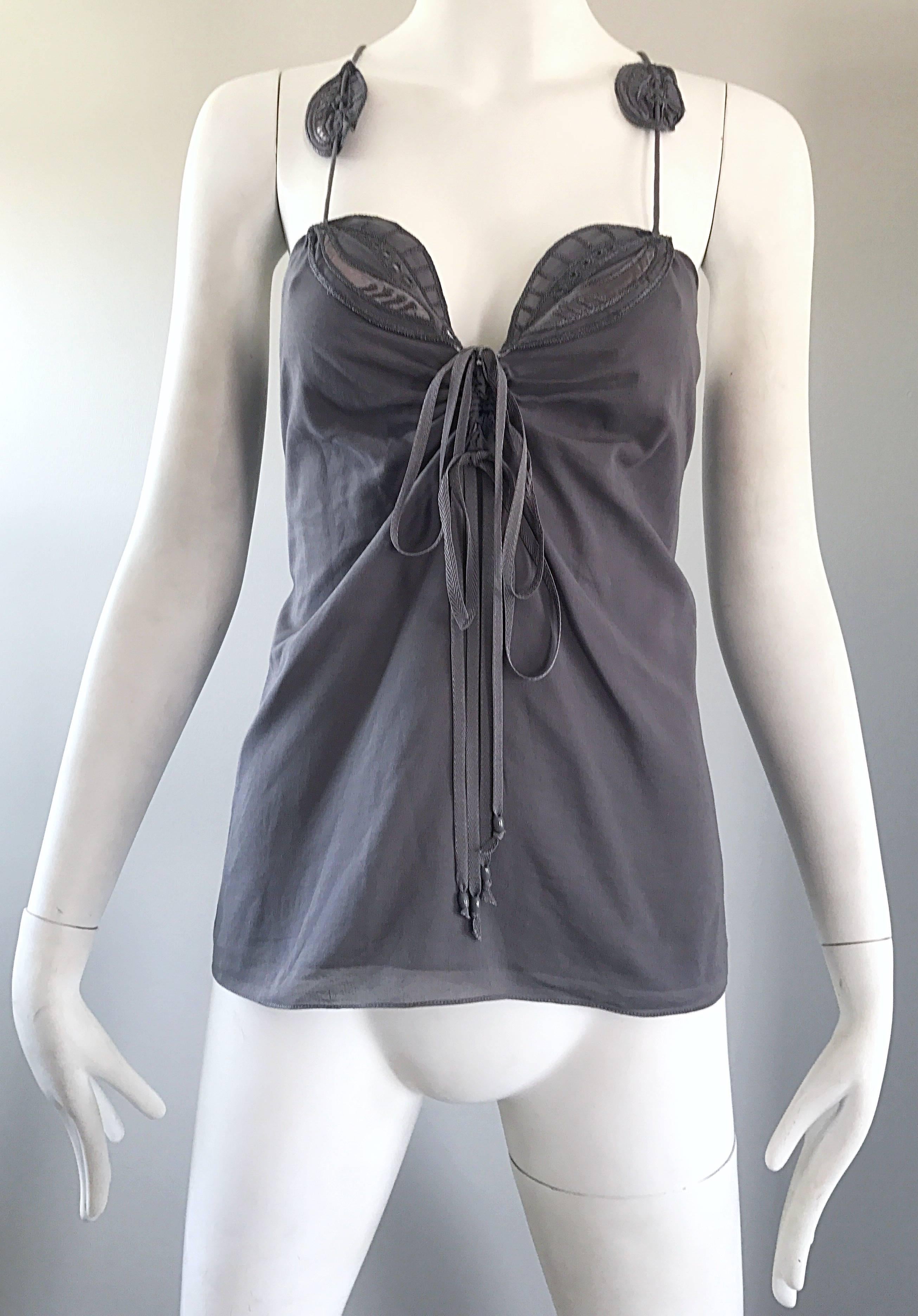 New Zac Posen Gray ' Leaf ' Embroidered Size 2 Spaghetti Strap Cotton Top Sz 2 4 For Sale 1