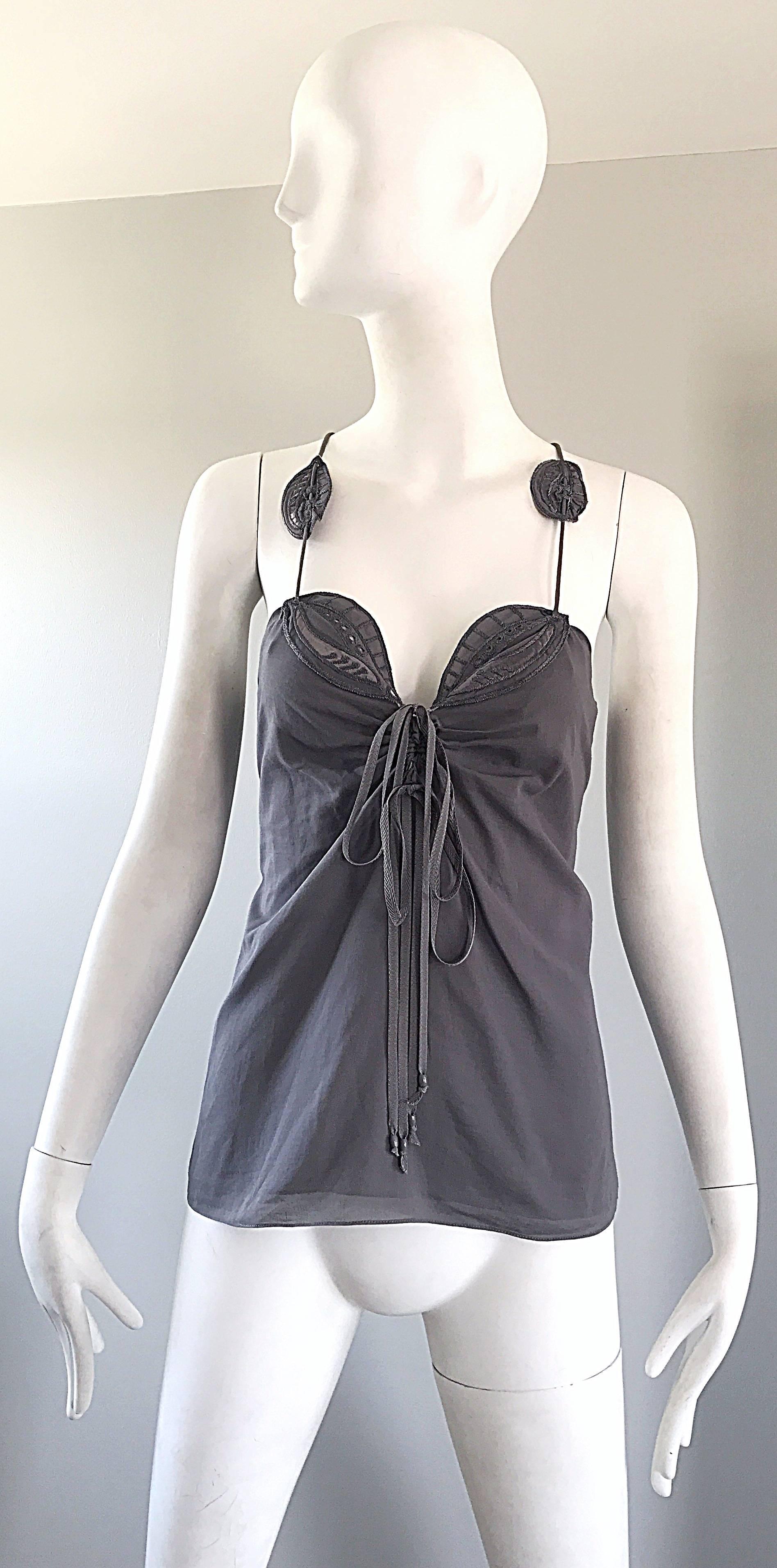 New Zac Posen Gray ' Leaf ' Embroidered Size 2 Spaghetti Strap Cotton Top Sz 2 4 For Sale 4