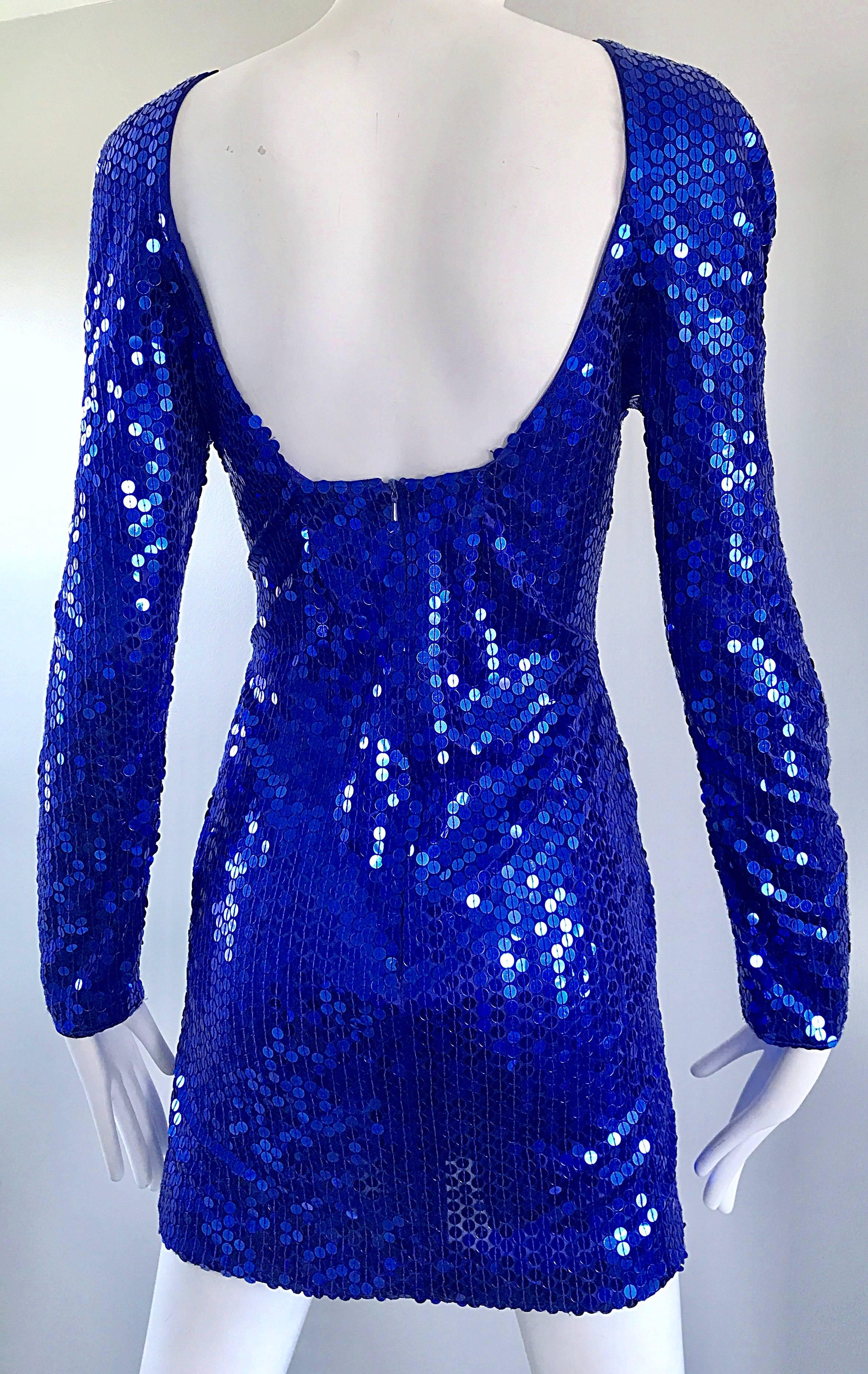 1990s Lillie Rubin Royal Blue Sexy Sequin Long Sleeve Vintage 90s Mini Dress In Excellent Condition In San Diego, CA