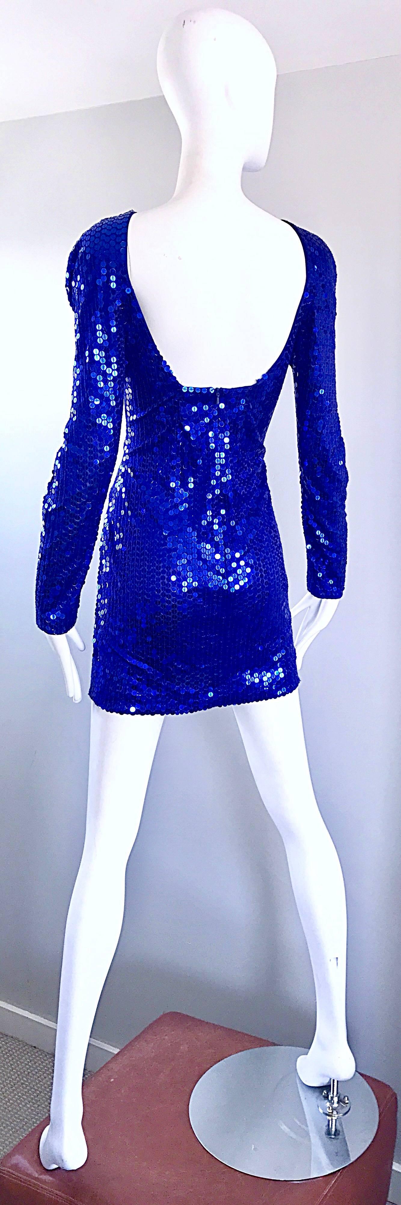 1990s Lillie Rubin Royal Blue Sexy Sequin Long Sleeve Vintage 90s Mini Dress 1