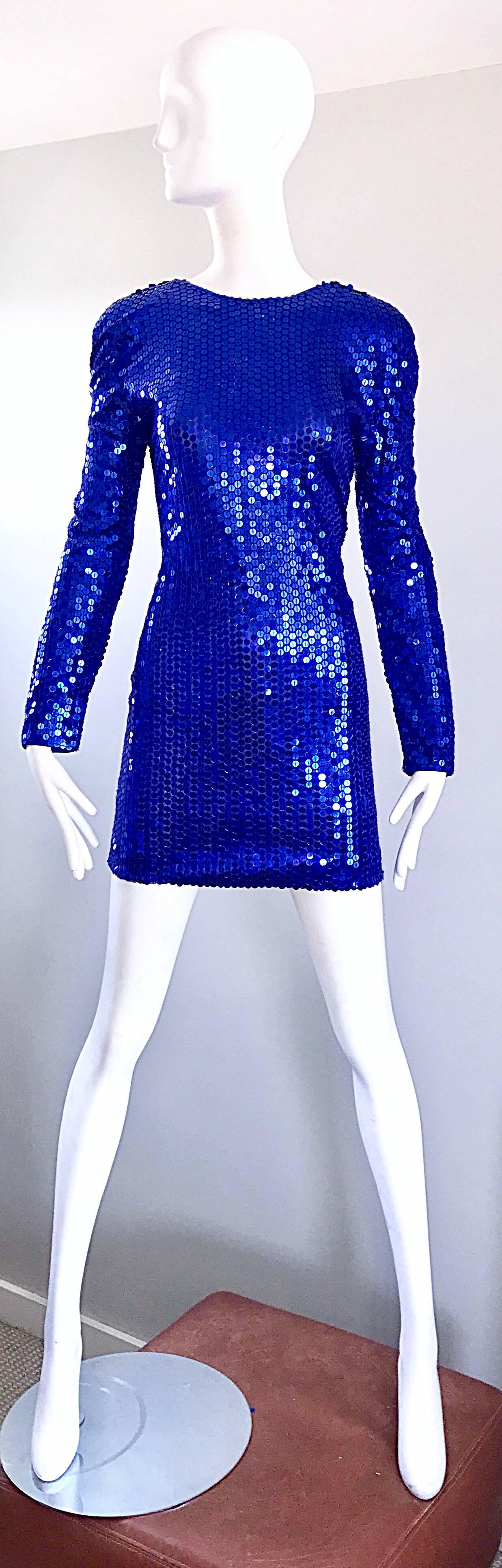 1990s Lillie Rubin Royal Blue Sexy Sequin Long Sleeve Vintage 90s Mini Dress 2