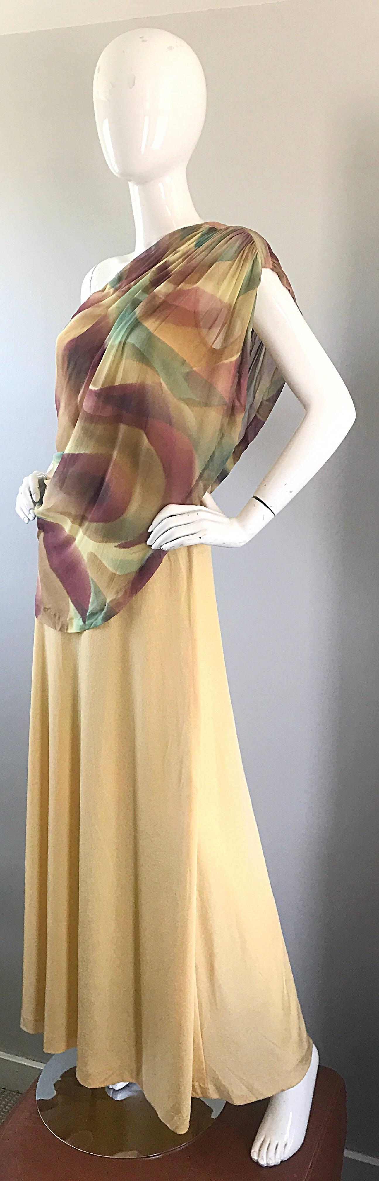 1970s Joy Stevens One Shoulder Gold Grecian Inspired 70s Vintage Gown Maxi Dress In Excellent Condition For Sale In San Diego, CA