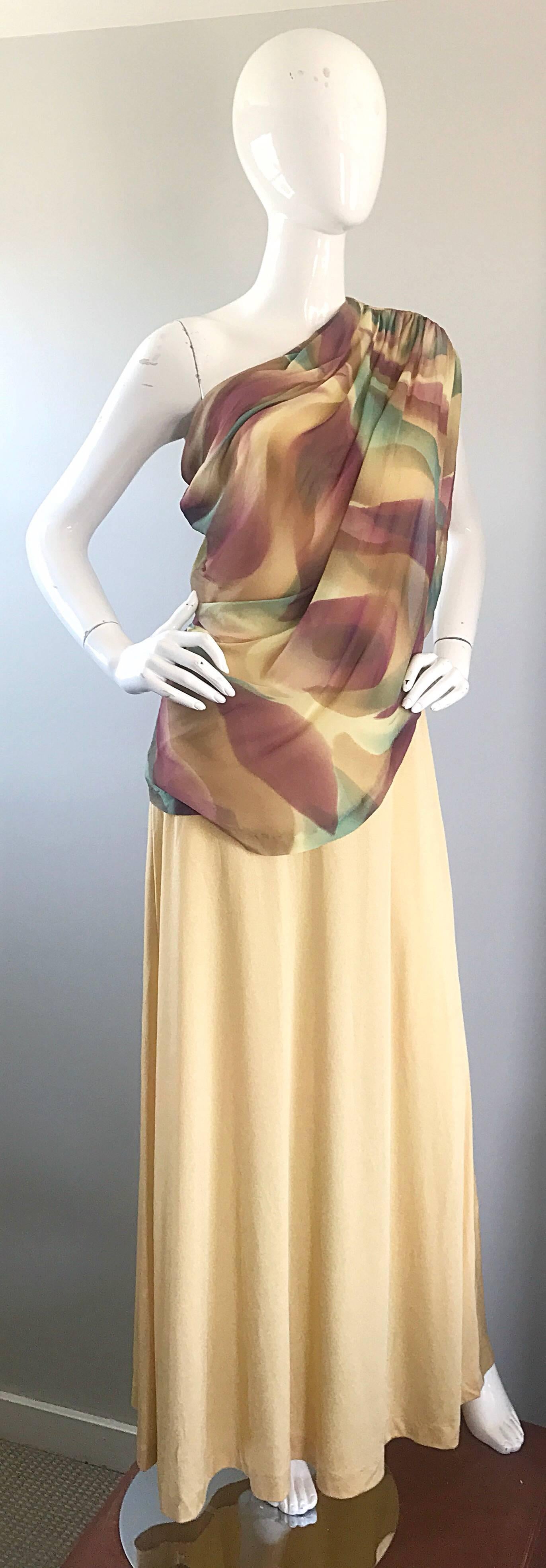 Women's 1970s Joy Stevens One Shoulder Gold Grecian Inspired 70s Vintage Gown Maxi Dress For Sale