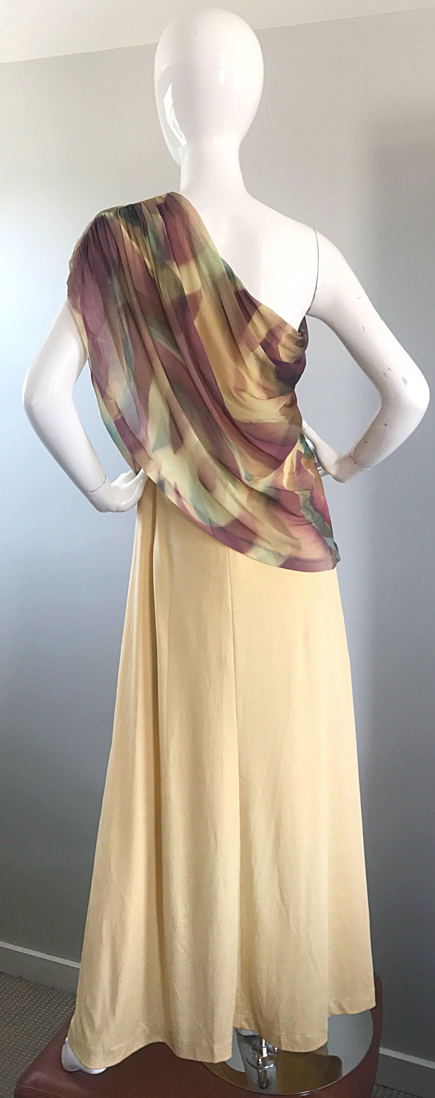1970s Joy Stevens One Shoulder Gold Grecian Inspired 70s Vintage Gown Maxi Dress For Sale 1