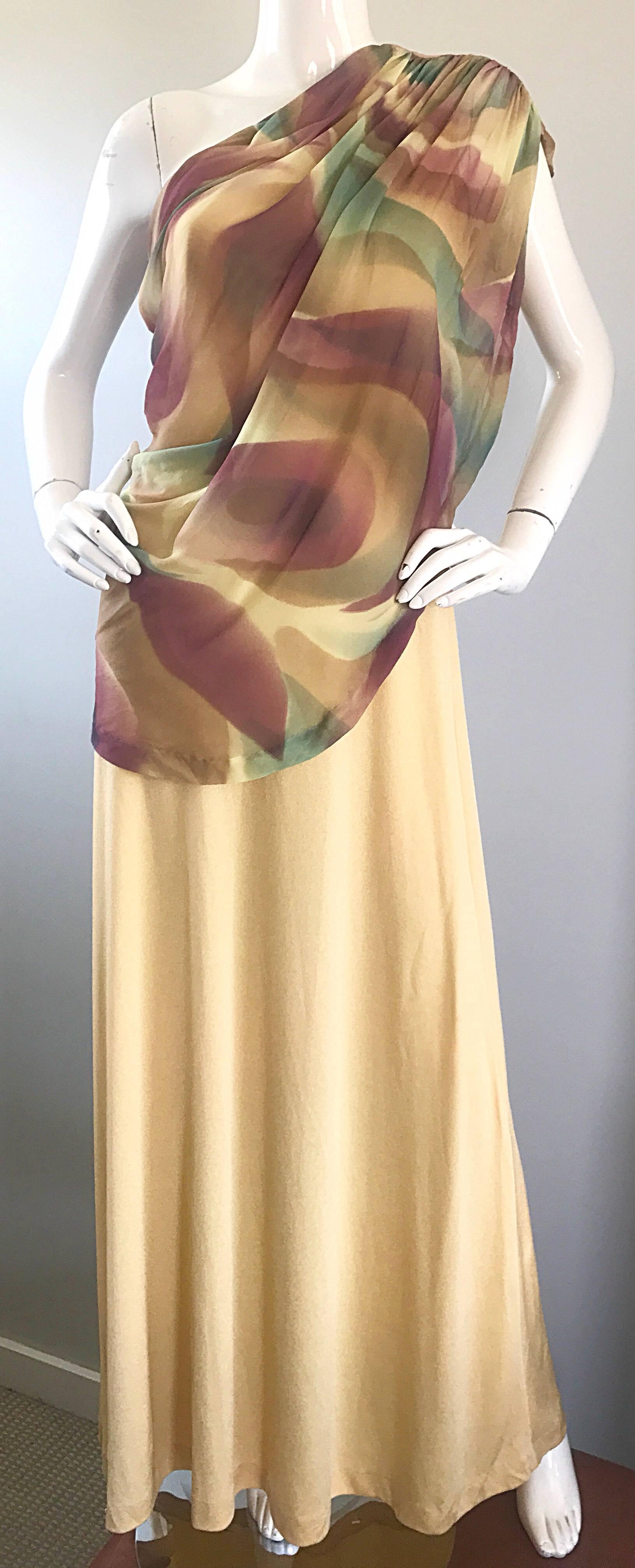 1970s Joy Stevens One Shoulder Gold Grecian Inspired 70s Vintage Gown Maxi Dress For Sale 2