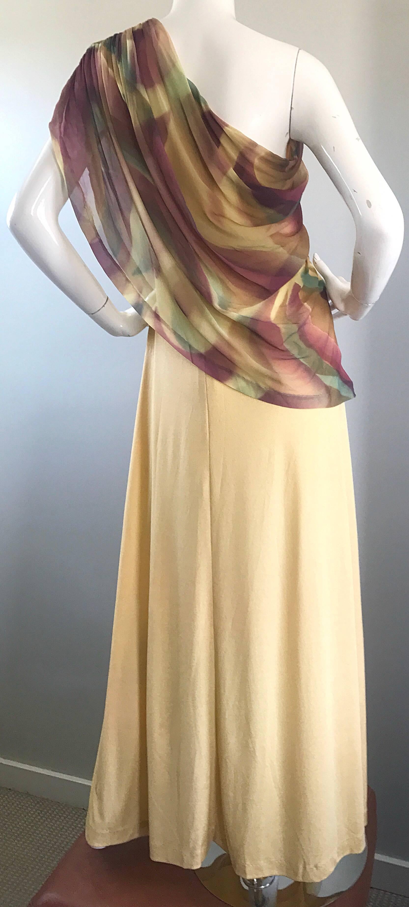 1970s Joy Stevens One Shoulder Gold Grecian Inspired 70s Vintage Gown Maxi Dress For Sale 3