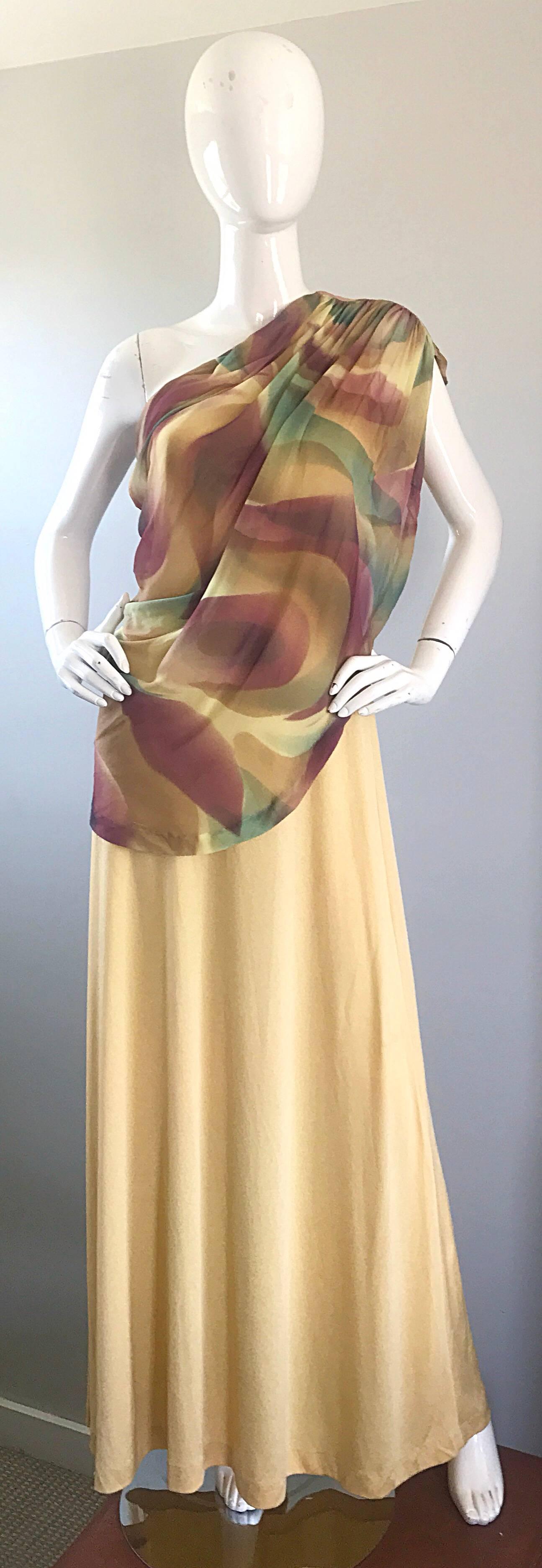 1970s Joy Stevens One Shoulder Gold Grecian Inspired 70s Vintage Gown Maxi Dress For Sale 4