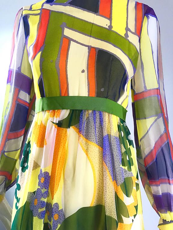 Brown 1960s Rodrigues Mod Silk Chiffon A Line Retro Vintage 60s Silk Chiffon Dress For Sale