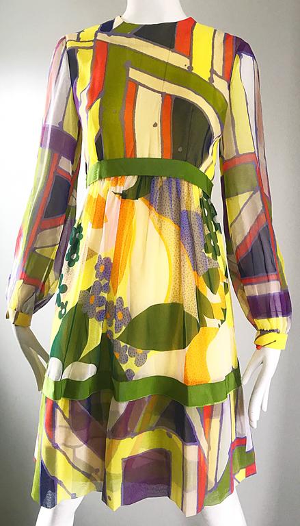 1960s Rodrigues Mod Silk Chiffon A Line Retro Vintage 60s Silk Chiffon Dress For Sale 2