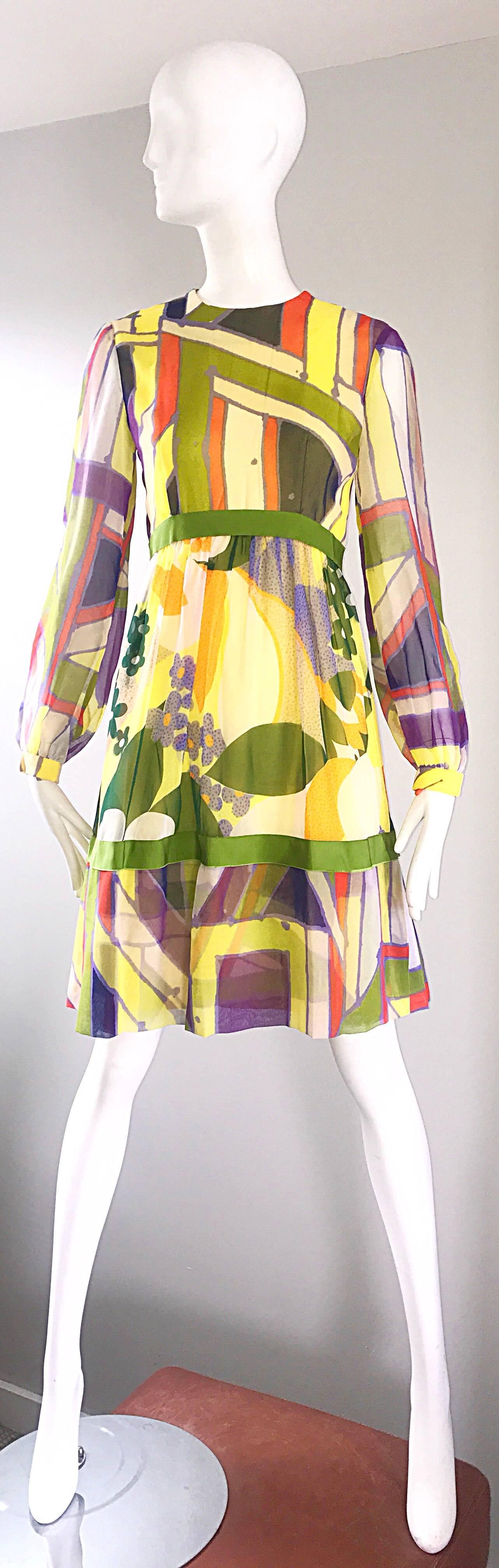 1960s Rodrigues Mod Silk Chiffon A Line Retro Vintage 60s Silk Chiffon Dress For Sale 2