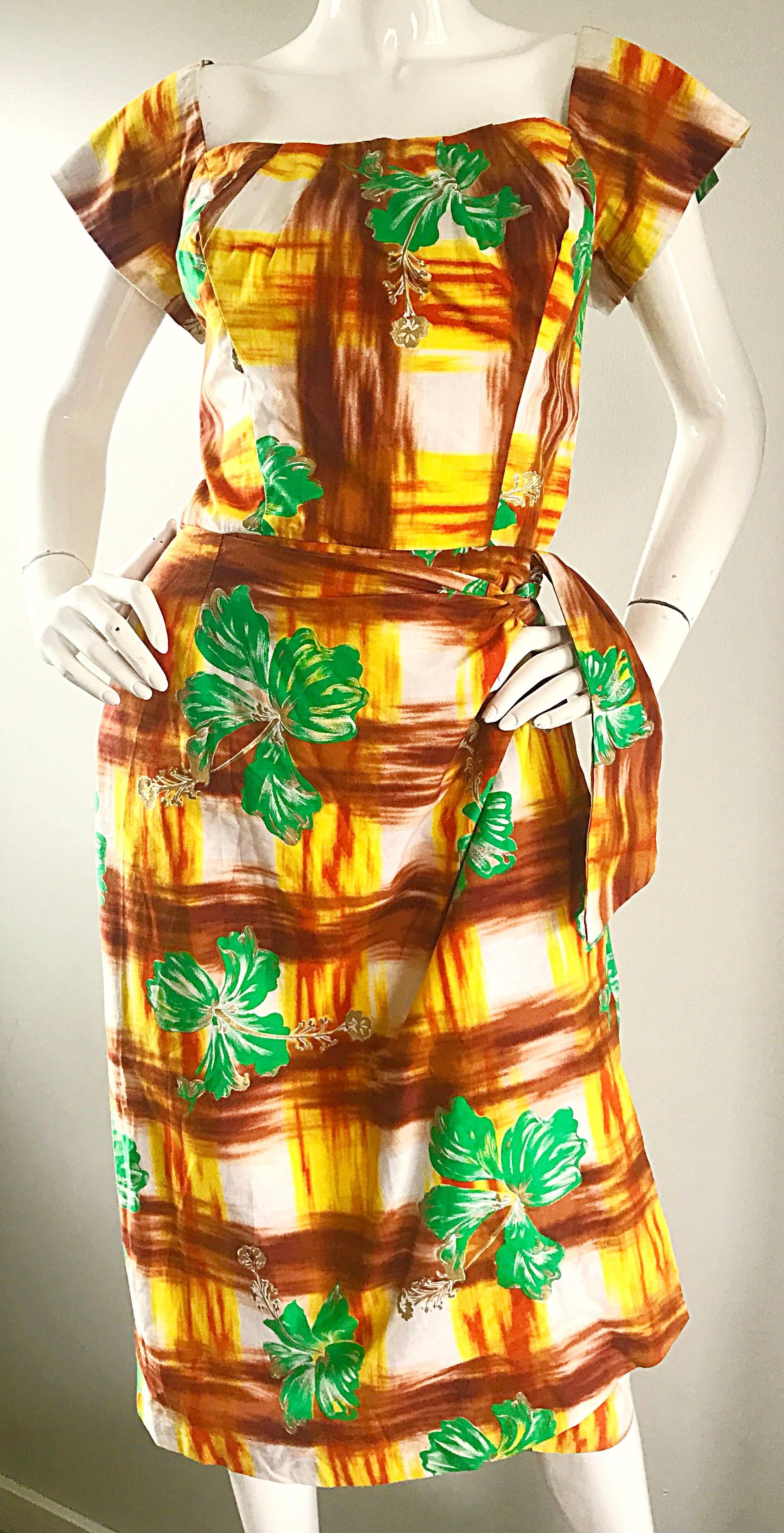 Brown 1950s Kamehameha Hawaiian Beautiful Hand Painted Vintage 50s Cotton Wrap Dress