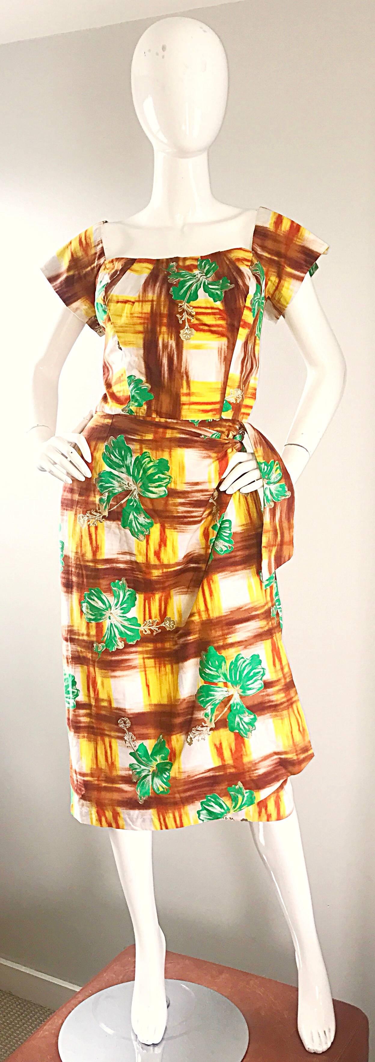 1950s Kamehameha Hawaiian Beautiful Hand Painted Vintage 50s Cotton Wrap Dress 1