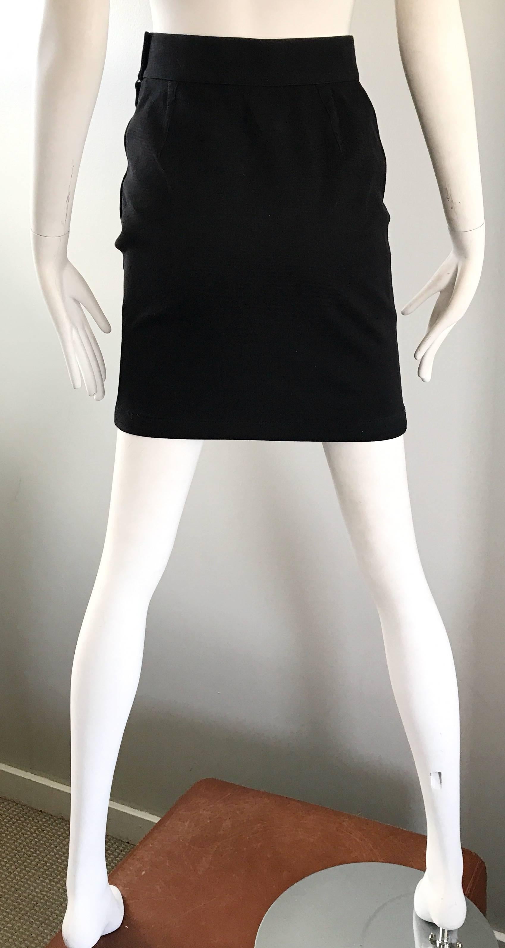 Women's 1990s Thierry Mugler Black High Waisted VIntage 90s Stretch Mini Pencil Skirt