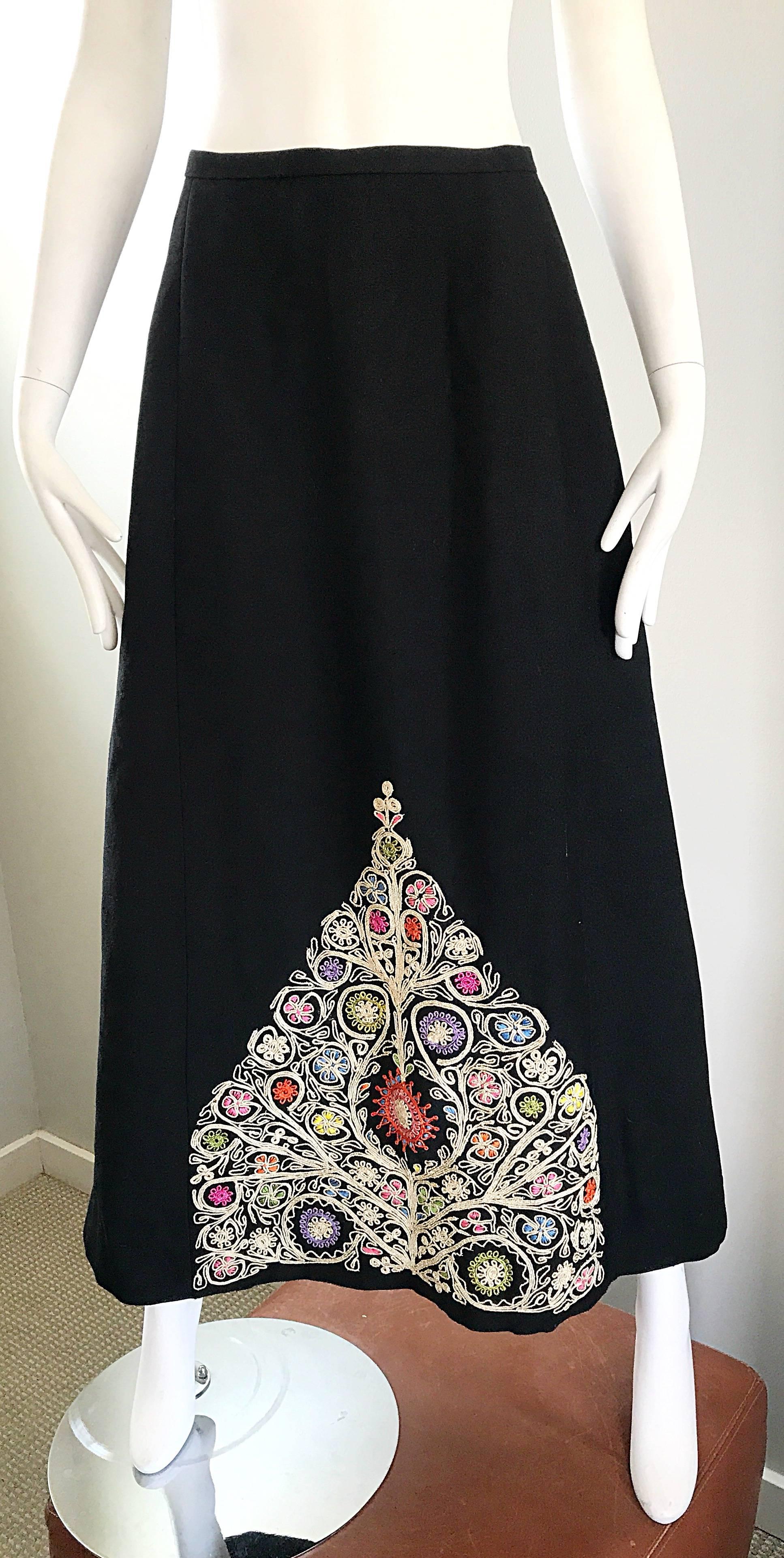 1970s Moroccan Inspired Black Colorful Embroidered 70s Vintage Boho Maxi Skirt For Sale 1