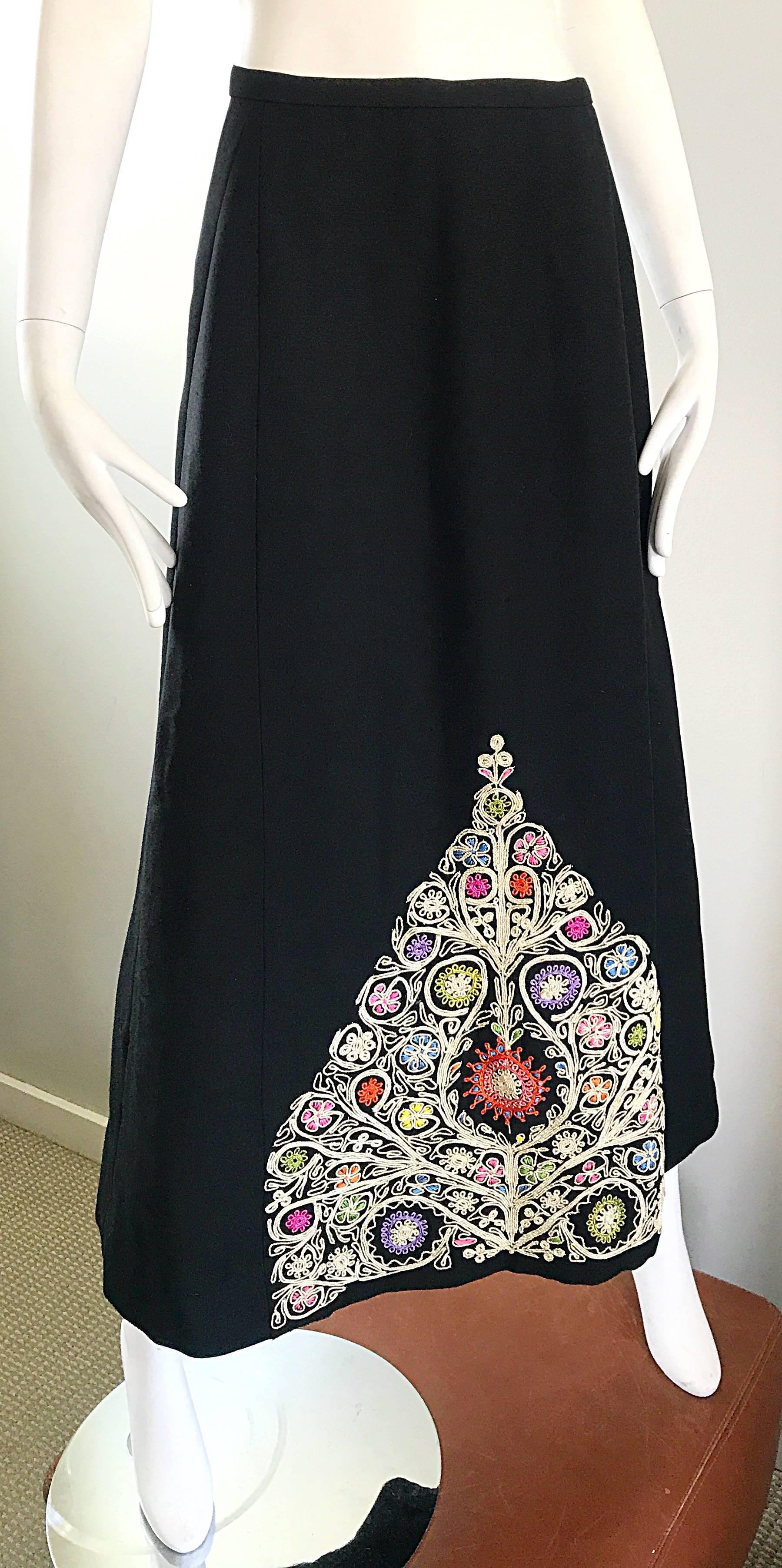 1970s Moroccan Inspired Black Colorful Embroidered 70s Vintage Boho Maxi Skirt For Sale 3