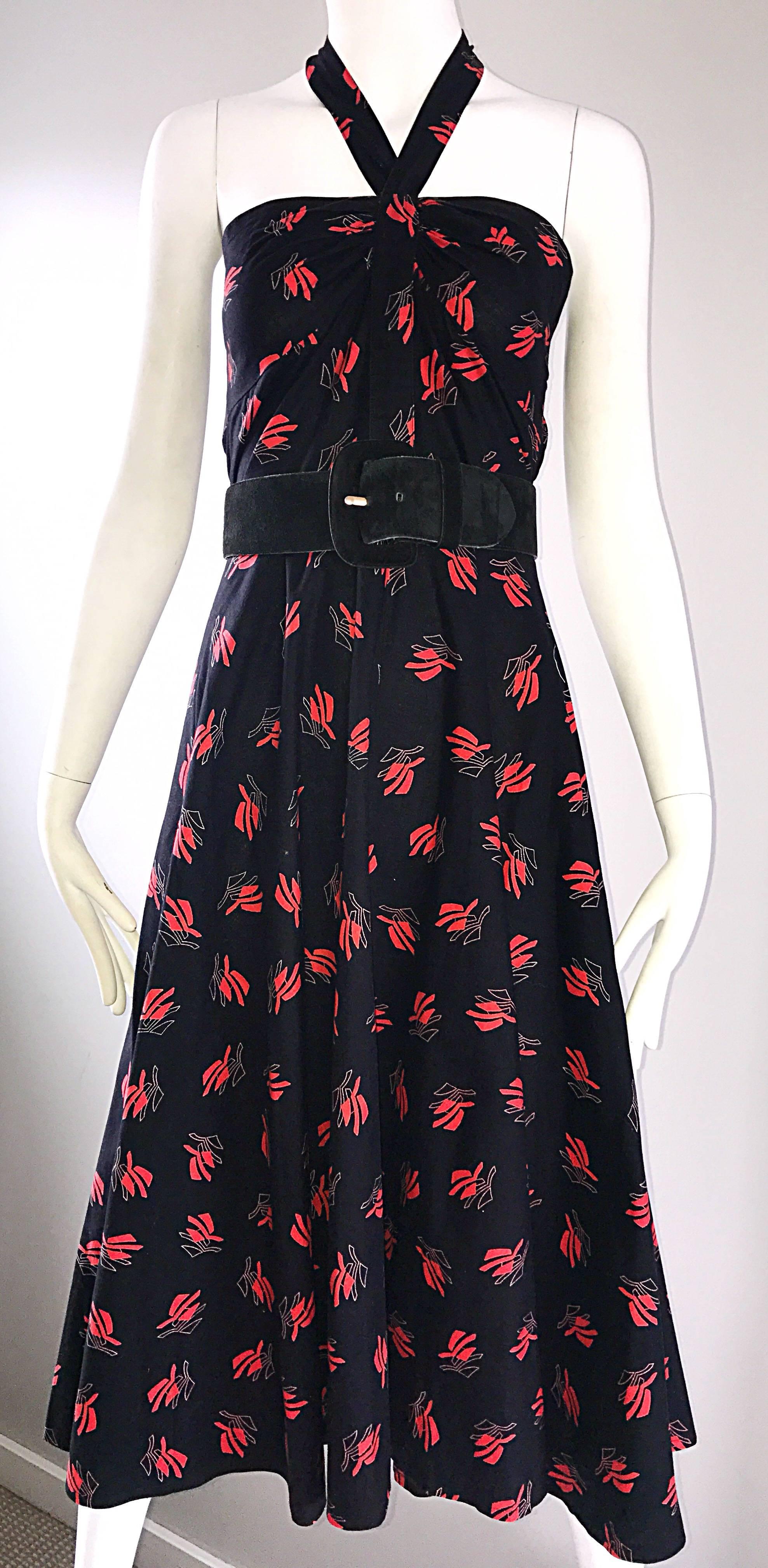 Vintage Guy Laroche Size 44 Black + Red Oriental Themed Cotton Halter Sun Dress  In Excellent Condition For Sale In San Diego, CA