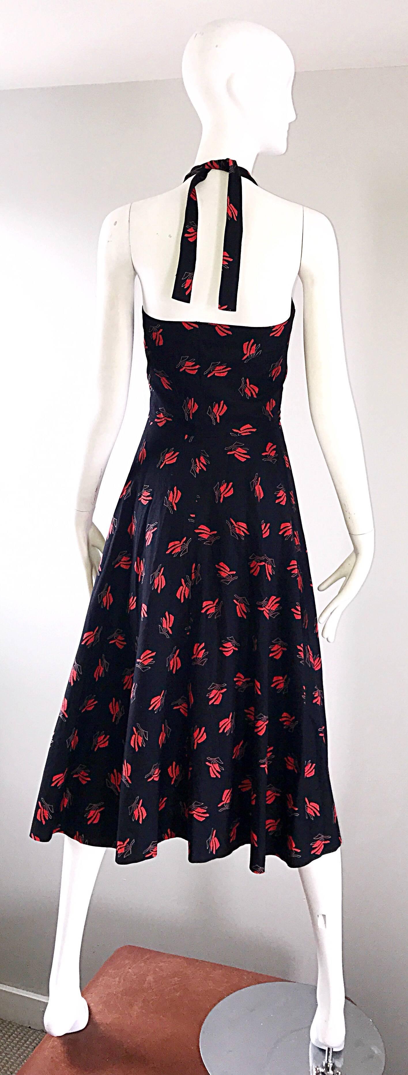 Women's Vintage Guy Laroche Size 44 Black + Red Oriental Themed Cotton Halter Sun Dress  For Sale