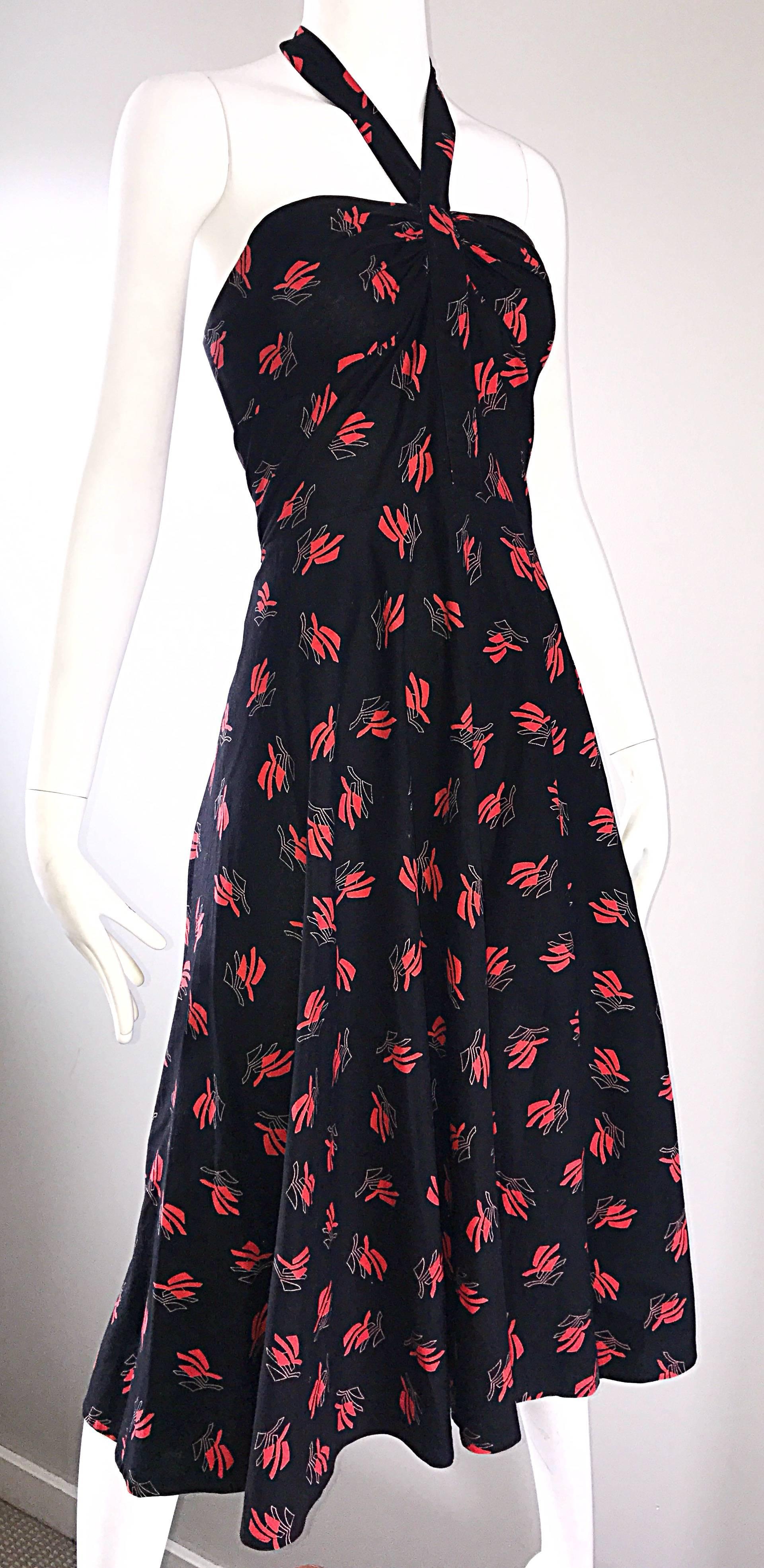 Vintage Guy Laroche Size 44 Black + Red Oriental Themed Cotton Halter Sun Dress  For Sale 1