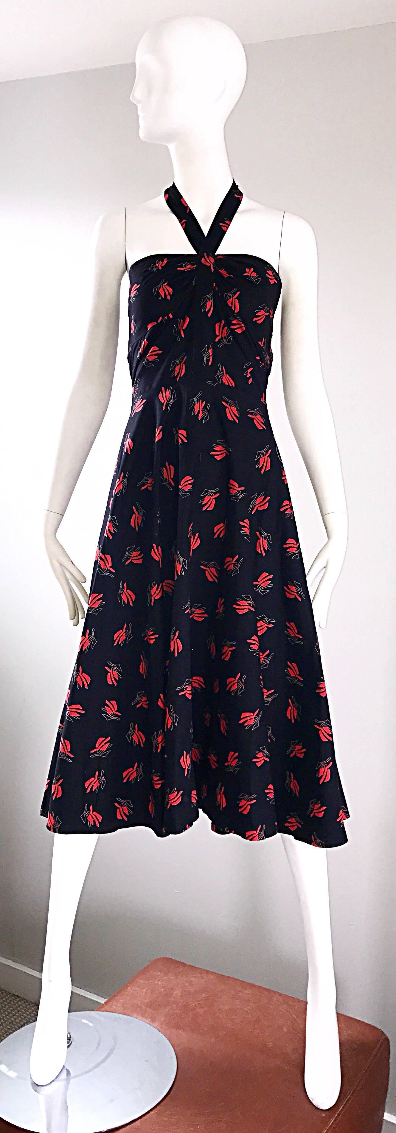 Vintage Guy Laroche Size 44 Black + Red Oriental Themed Cotton Halter Sun Dress For Sale 2