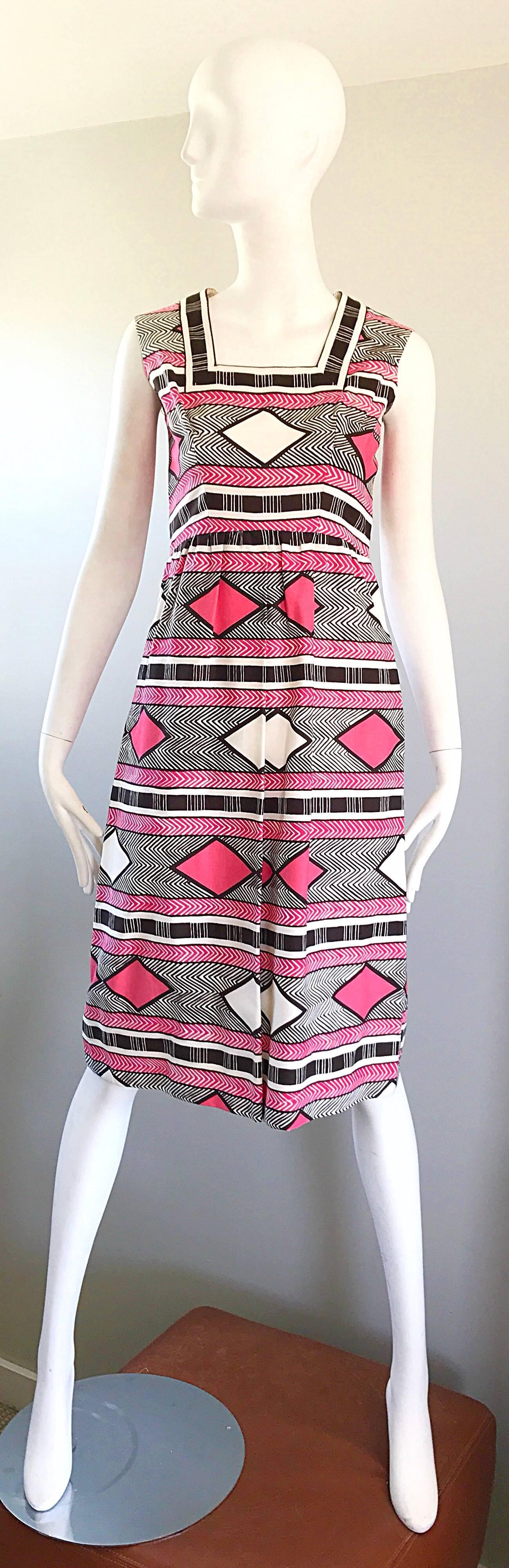 Chic and charming vintage 1960s MALCOLM STARR sleeveless A-line dress, with matching cropped bolero jacket! Sturdy, but soft cotton holds shape nicely. Features vibrant shades of pink, brown and white in eye catching geometric three dimensional