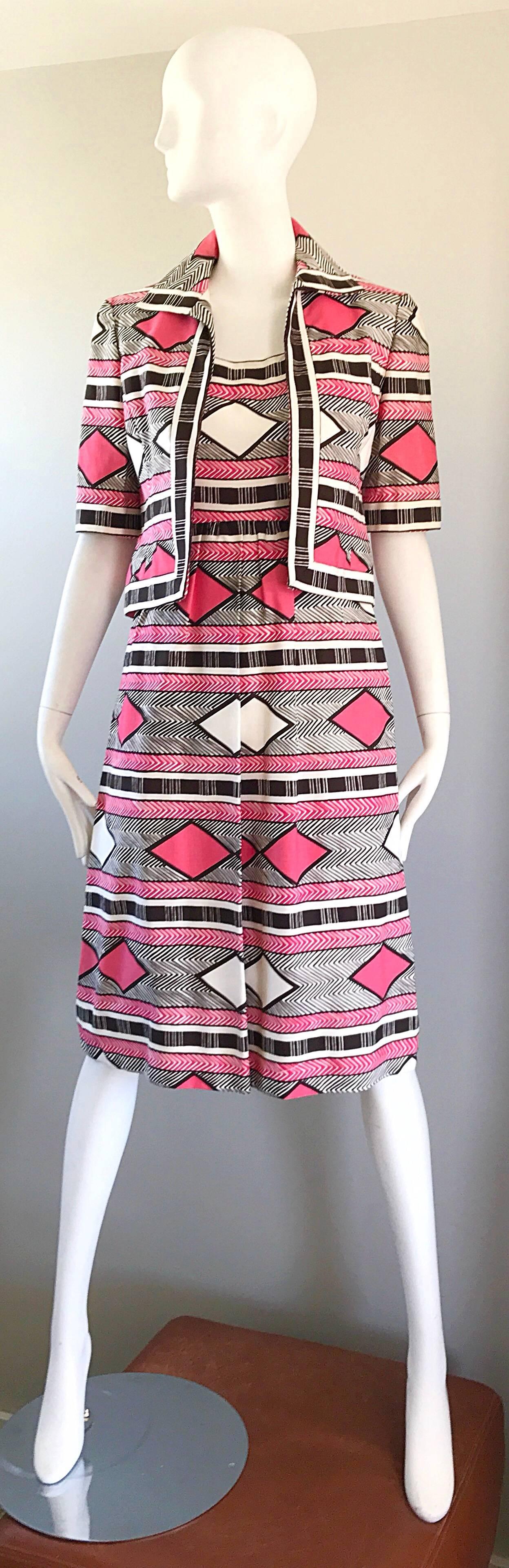 Gray 1960s Malcolm Starr Pink + Brown + White 60s A - Line Dress and Bolero Jacket  For Sale