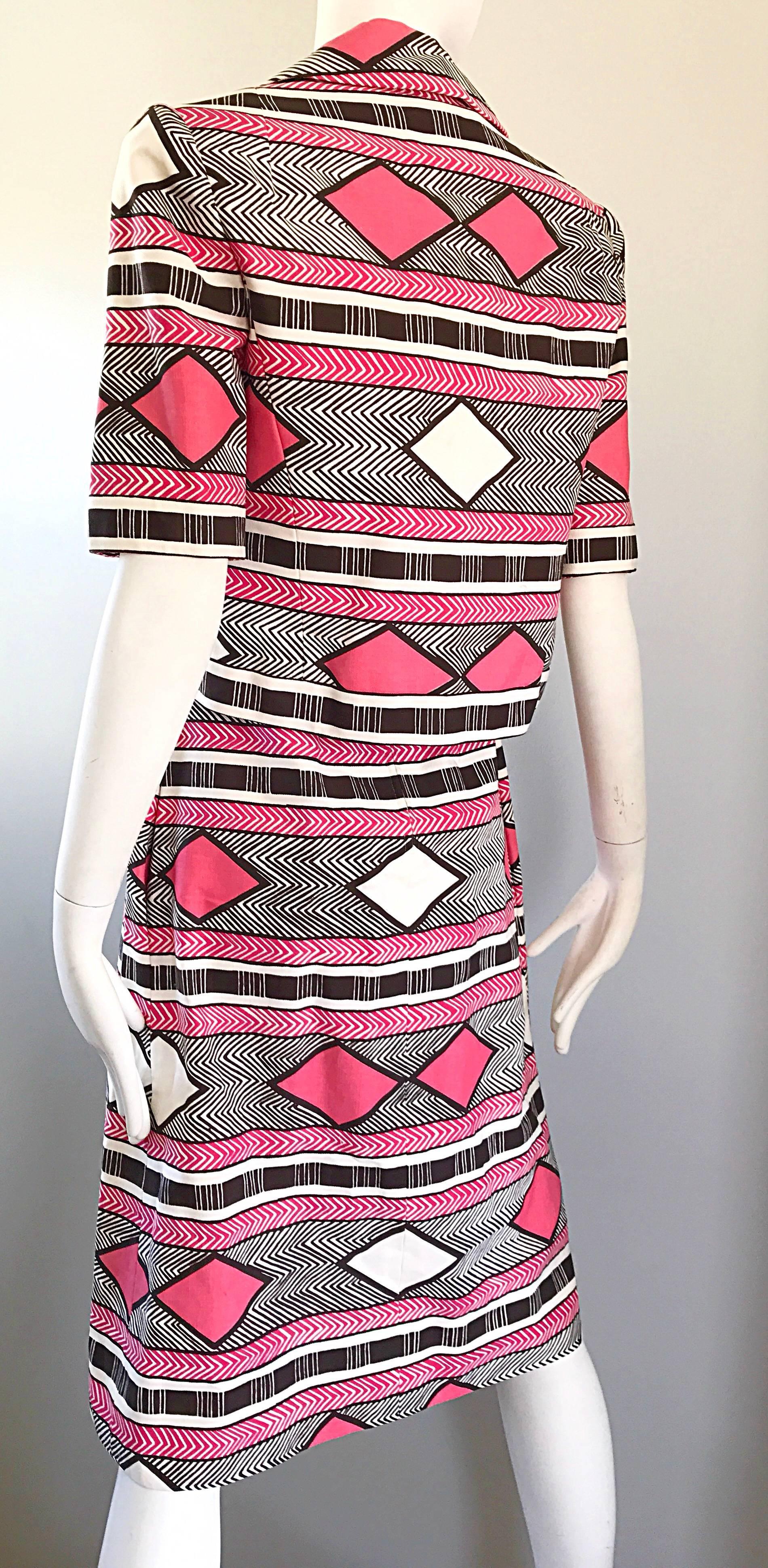 1960s Malcolm Starr Pink + Brown + White 60s A - Line Dress and Bolero Jacket  In Excellent Condition For Sale In San Diego, CA