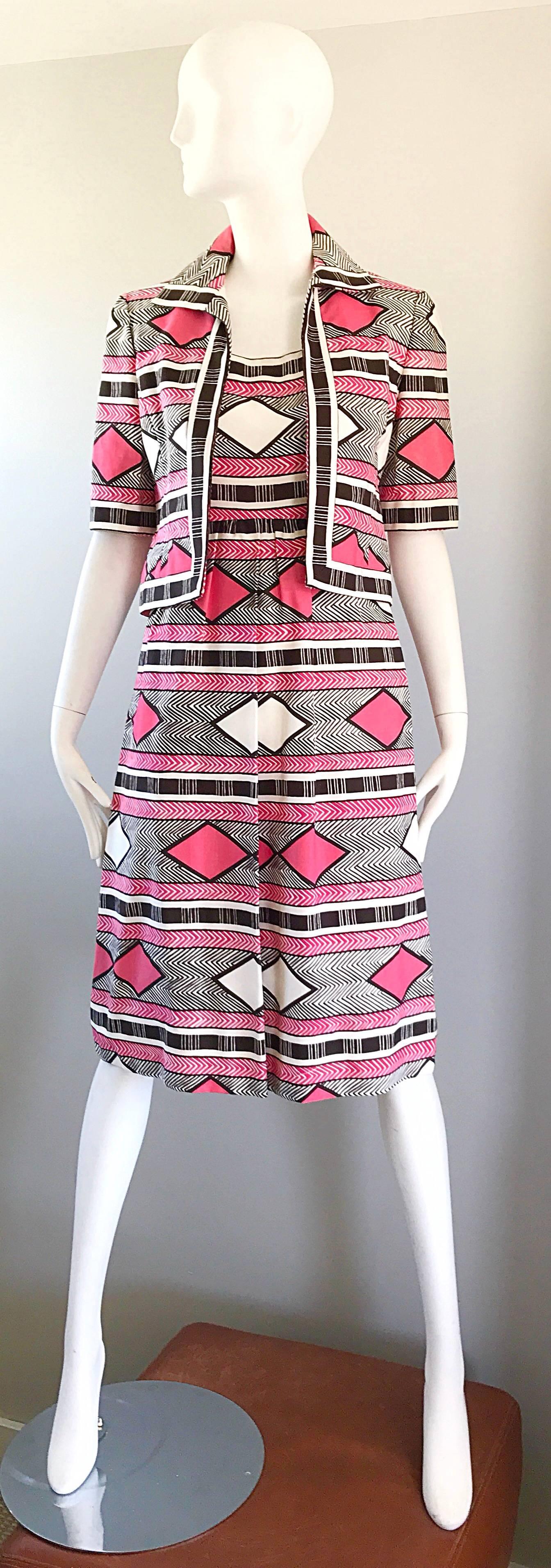 1960s Malcolm Starr Pink + Brown + White 60s A - Line Dress and Bolero Jacket  For Sale 1