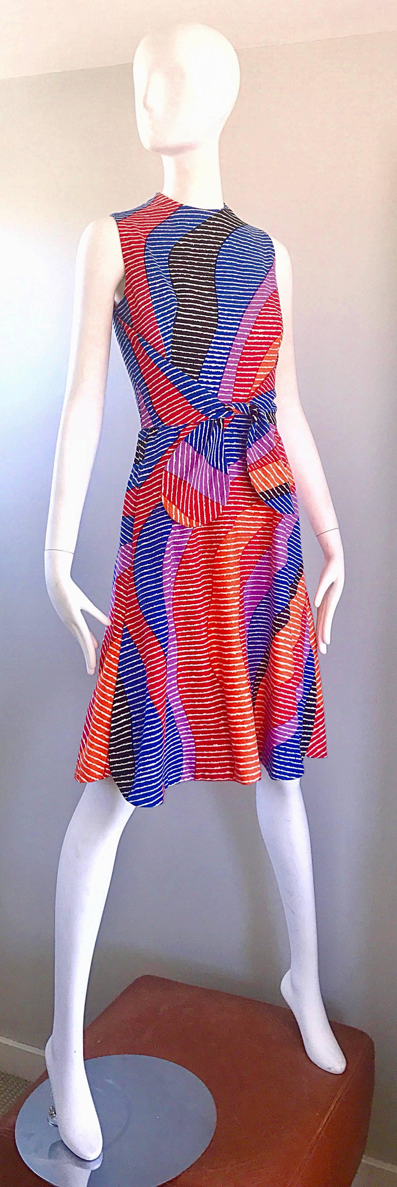 Geoffrey Beene Saks 5th Ave Rainbow Vintage Cotton A Line Dress, 1960s   In Excellent Condition In San Diego, CA
