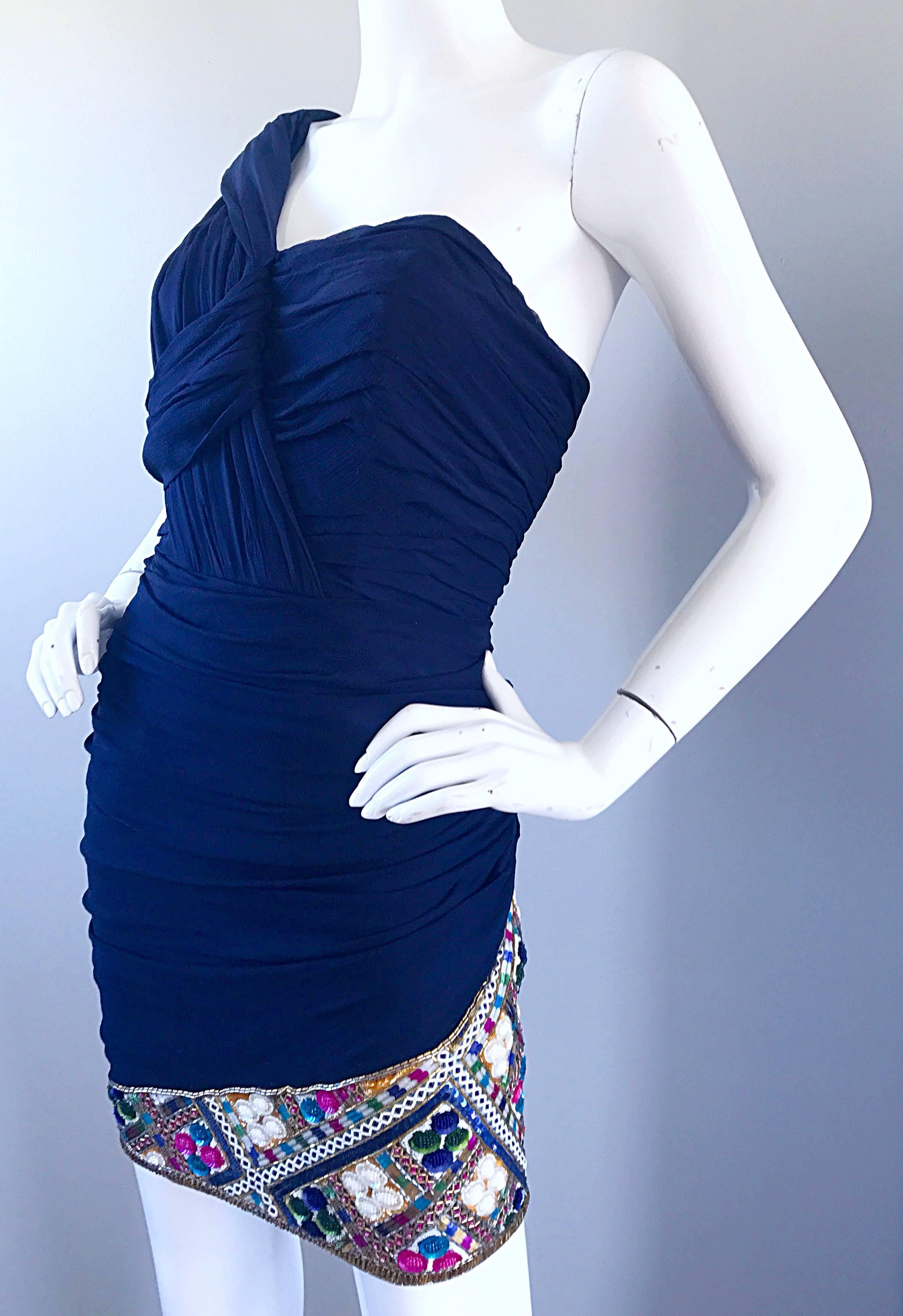 Gorgeous Vintage Paul Louis Orrier Navy Blue Chiffon One Shoulder Beaded Dress In Excellent Condition For Sale In San Diego, CA