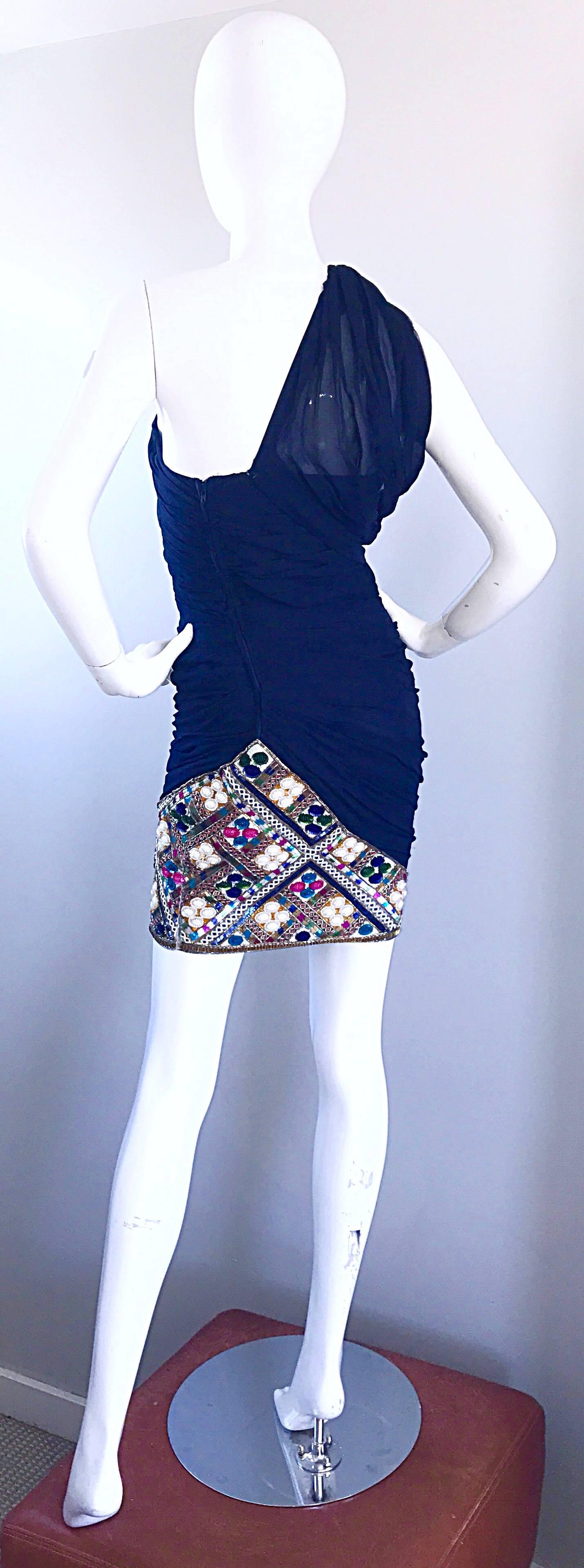 Women's Gorgeous Vintage Paul Louis Orrier Navy Blue Chiffon One Shoulder Beaded Dress For Sale