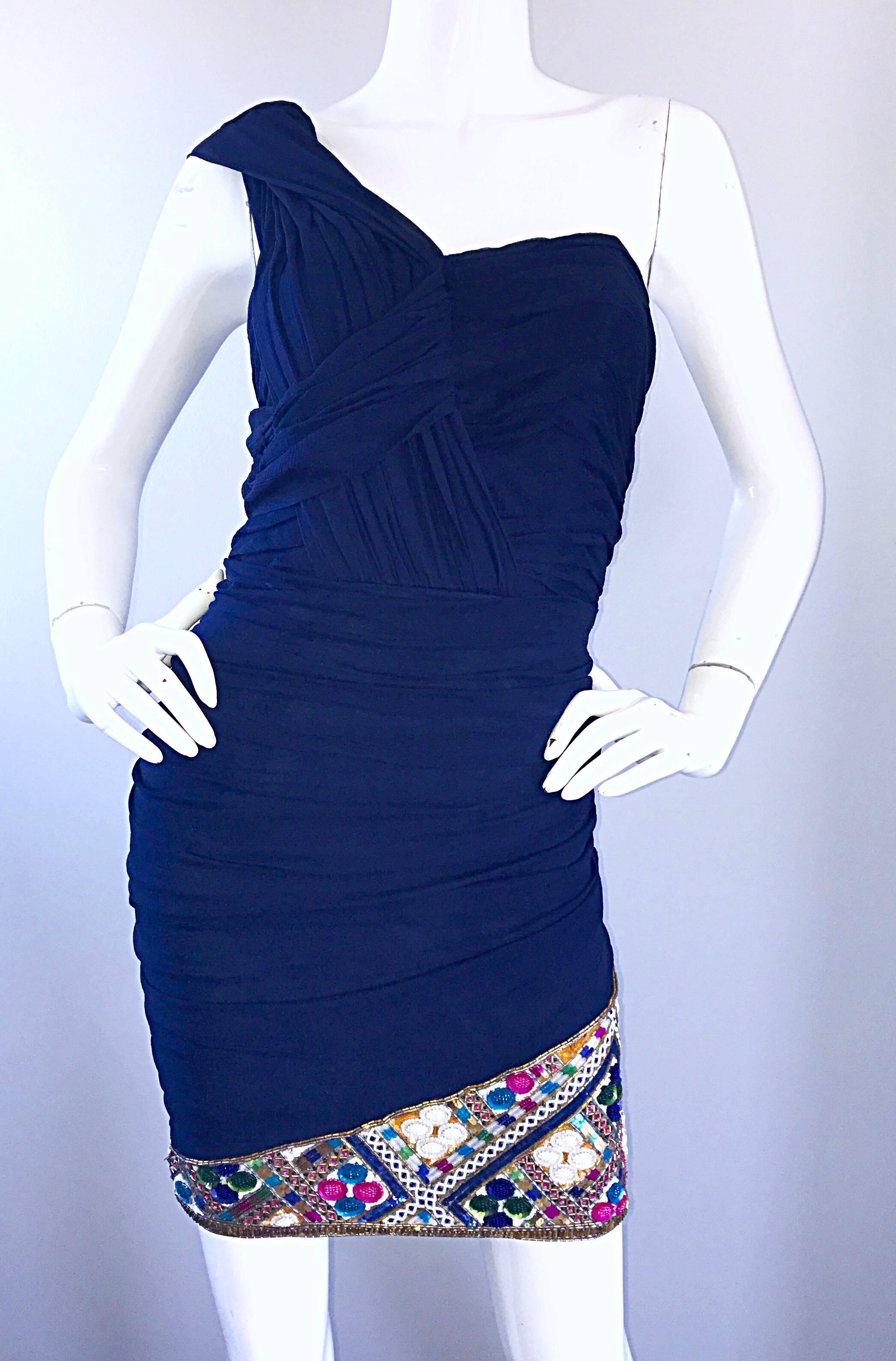 Gorgeous Vintage Paul Louis Orrier Navy Blue Chiffon One Shoulder Beaded Dress For Sale 2
