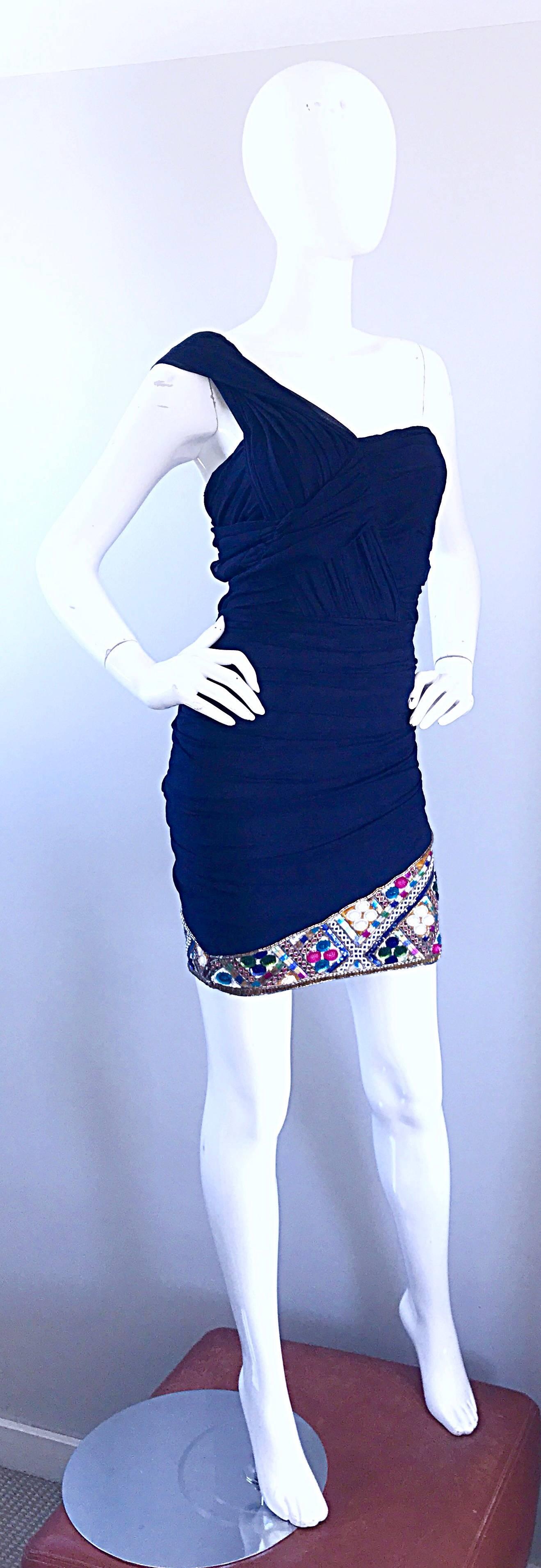 Gorgeous Vintage Paul Louis Orrier Navy Blue Chiffon One Shoulder Beaded Dress For Sale 3