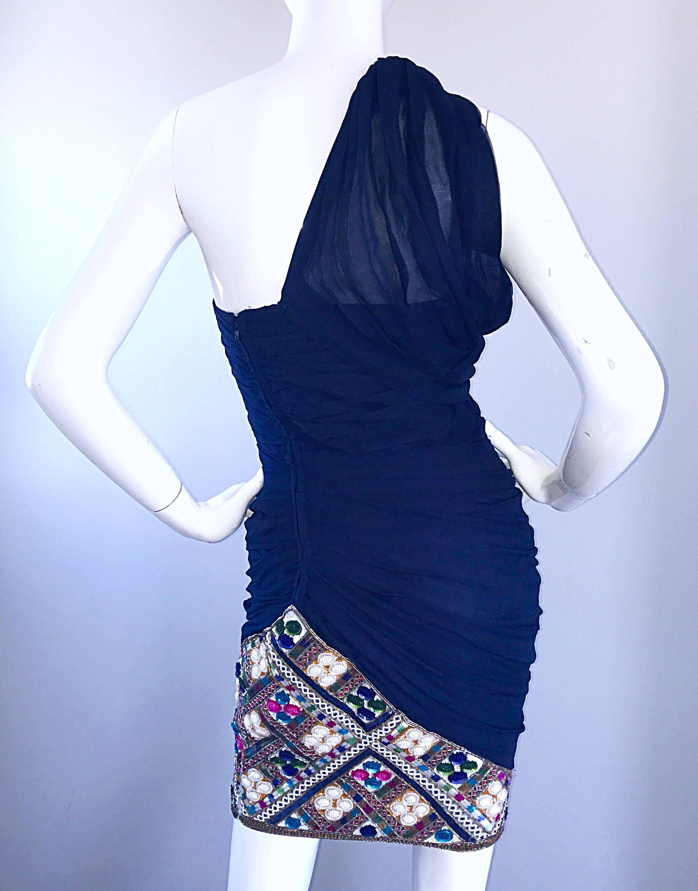 Gorgeous Vintage Paul Louis Orrier Navy Blue Chiffon One Shoulder Beaded Dress For Sale 4