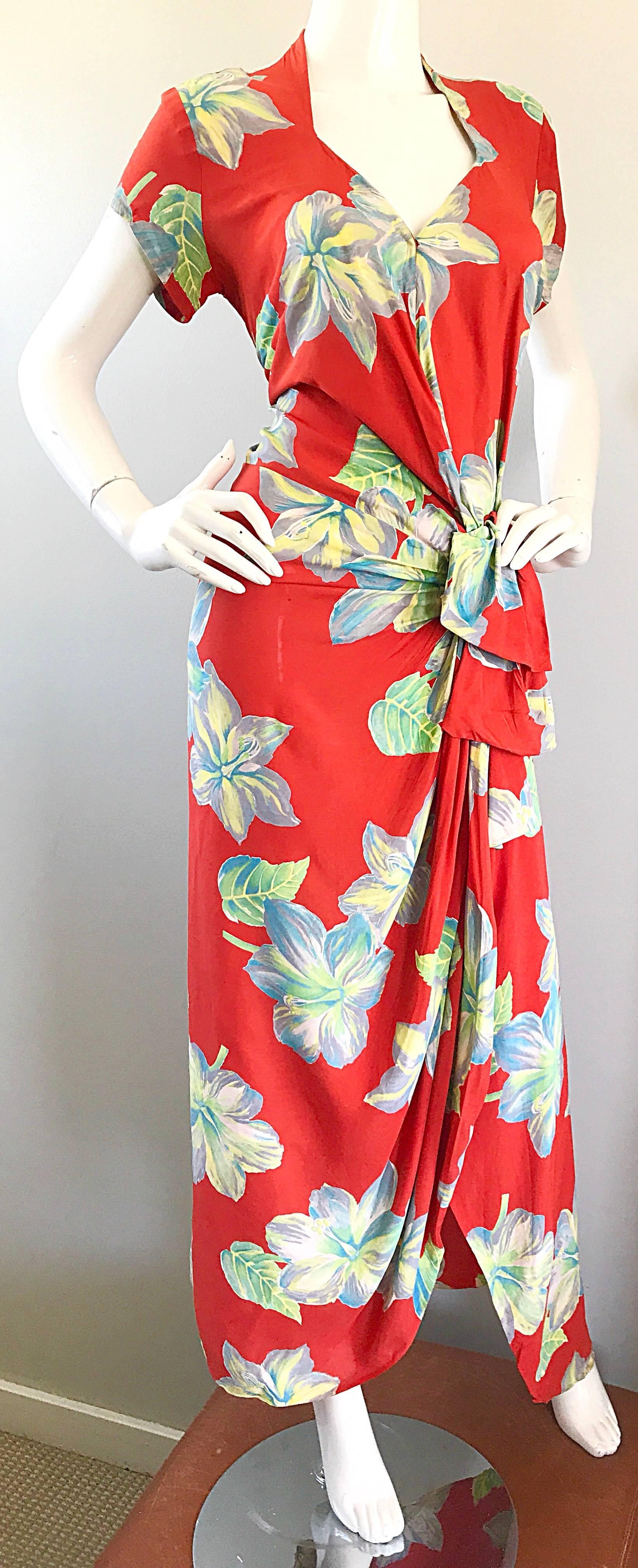 Red Gorgeous 1930s Cold Silk Burnt Orange Hawaiian Vintage 30s Sarong Flower Dress