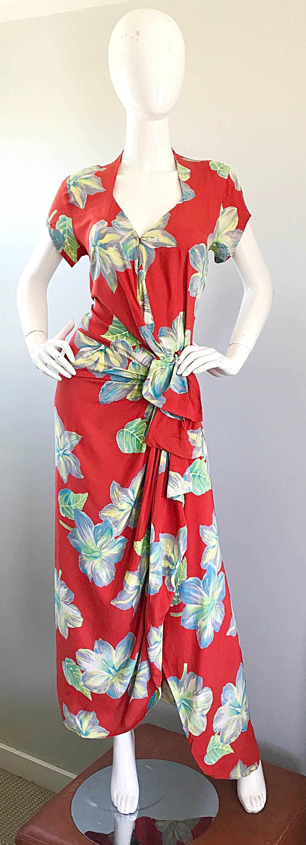 Women's Gorgeous 1930s Cold Silk Burnt Orange Hawaiian Vintage 30s Sarong Flower Dress