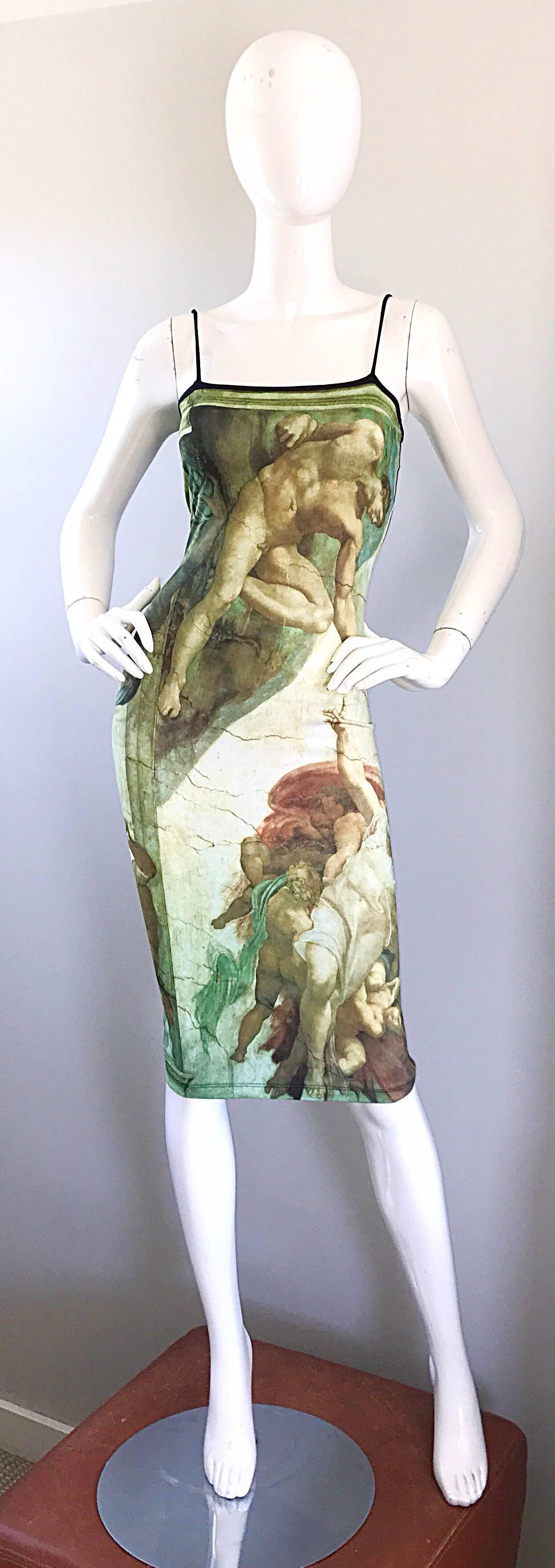 Impressive and rare 1990s "Creation of Adam," bodycon dress! Features a screenprint of Michelangelo's famed painting, "Creation of Adam." Amazing bodycon fit stretches to fit. Simply slips over the head. Super flattering fit.