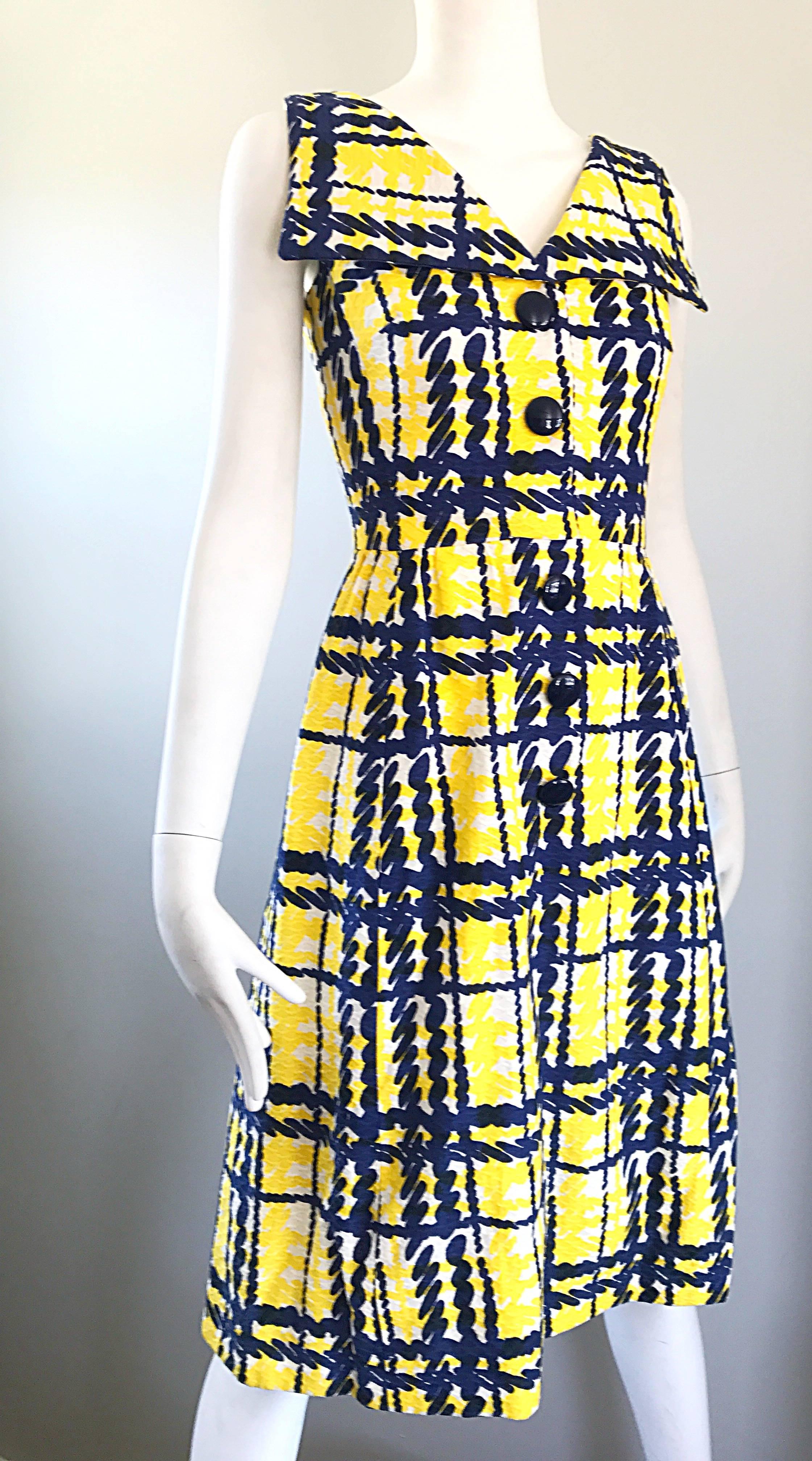 Alan Phillips Navy Blue Yellow and White Plaid Cotton A Line Dress, 1960s  1