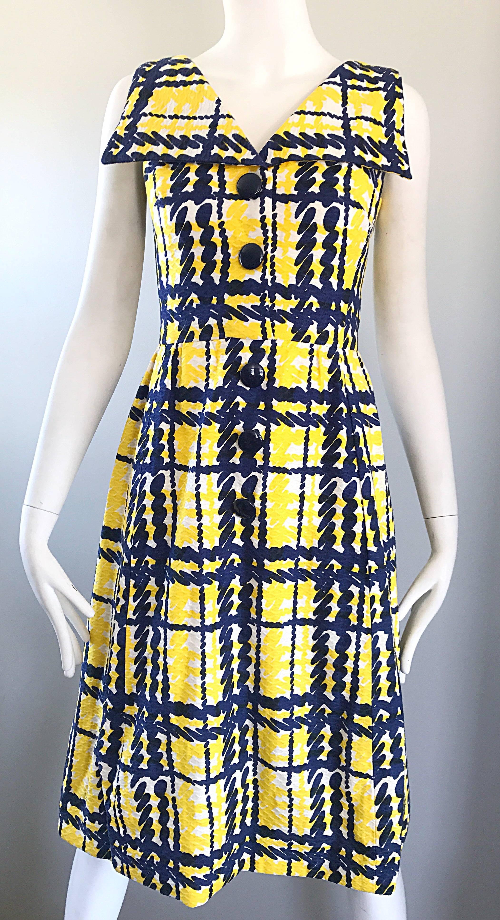 Women's Alan Phillips Navy Blue Yellow and White Plaid Cotton A Line Dress, 1960s 
