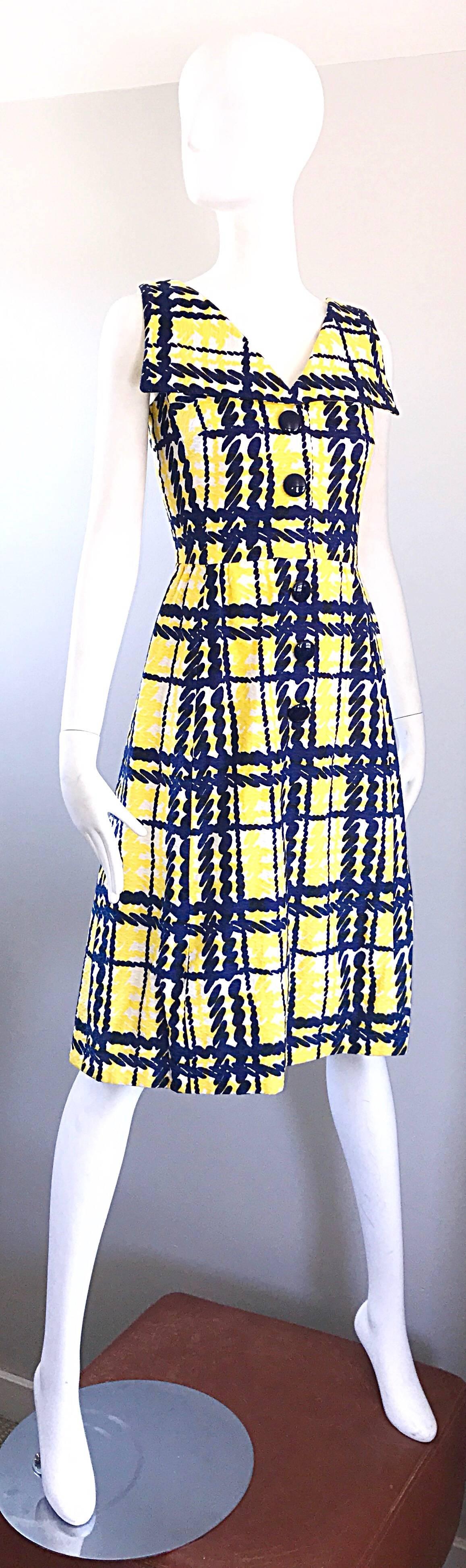 Alan Phillips Navy Blue Yellow and White Plaid Cotton A Line Dress, 1960s  In Excellent Condition In San Diego, CA