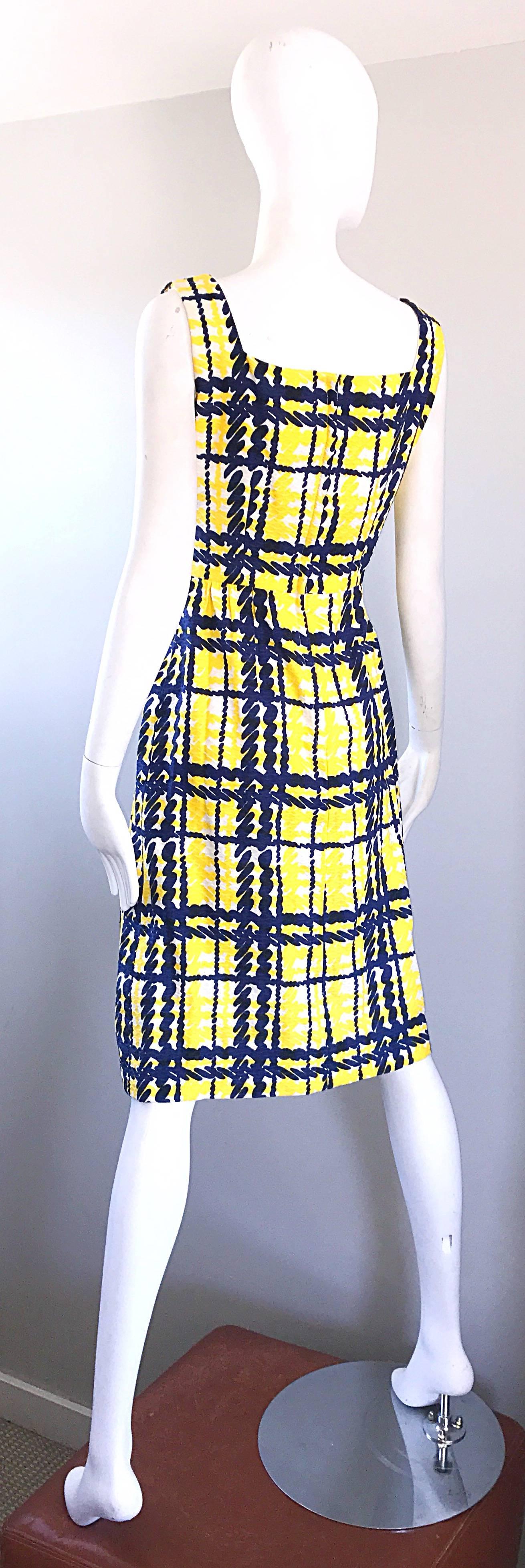 Alan Phillips Navy Blue Yellow and White Plaid Cotton A Line Dress, 1960s  2