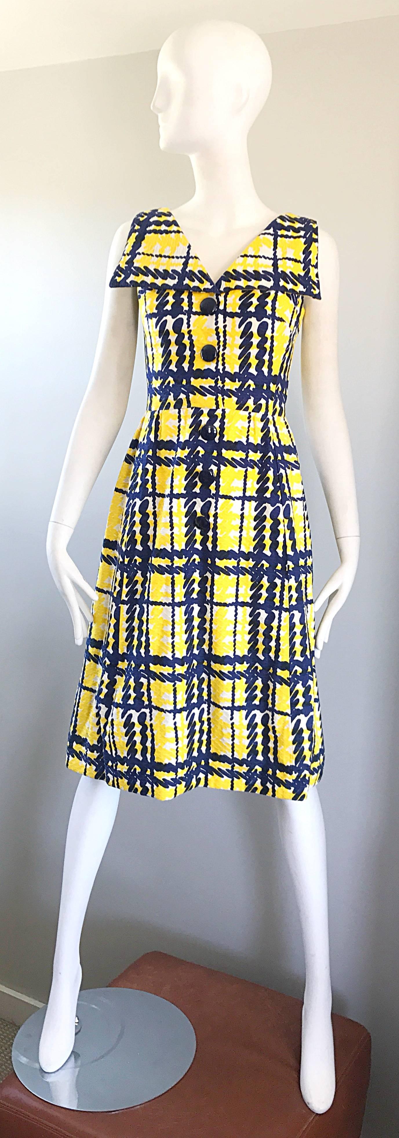 Alan Phillips Navy Blue Yellow and White Plaid Cotton A Line Dress, 1960s  3