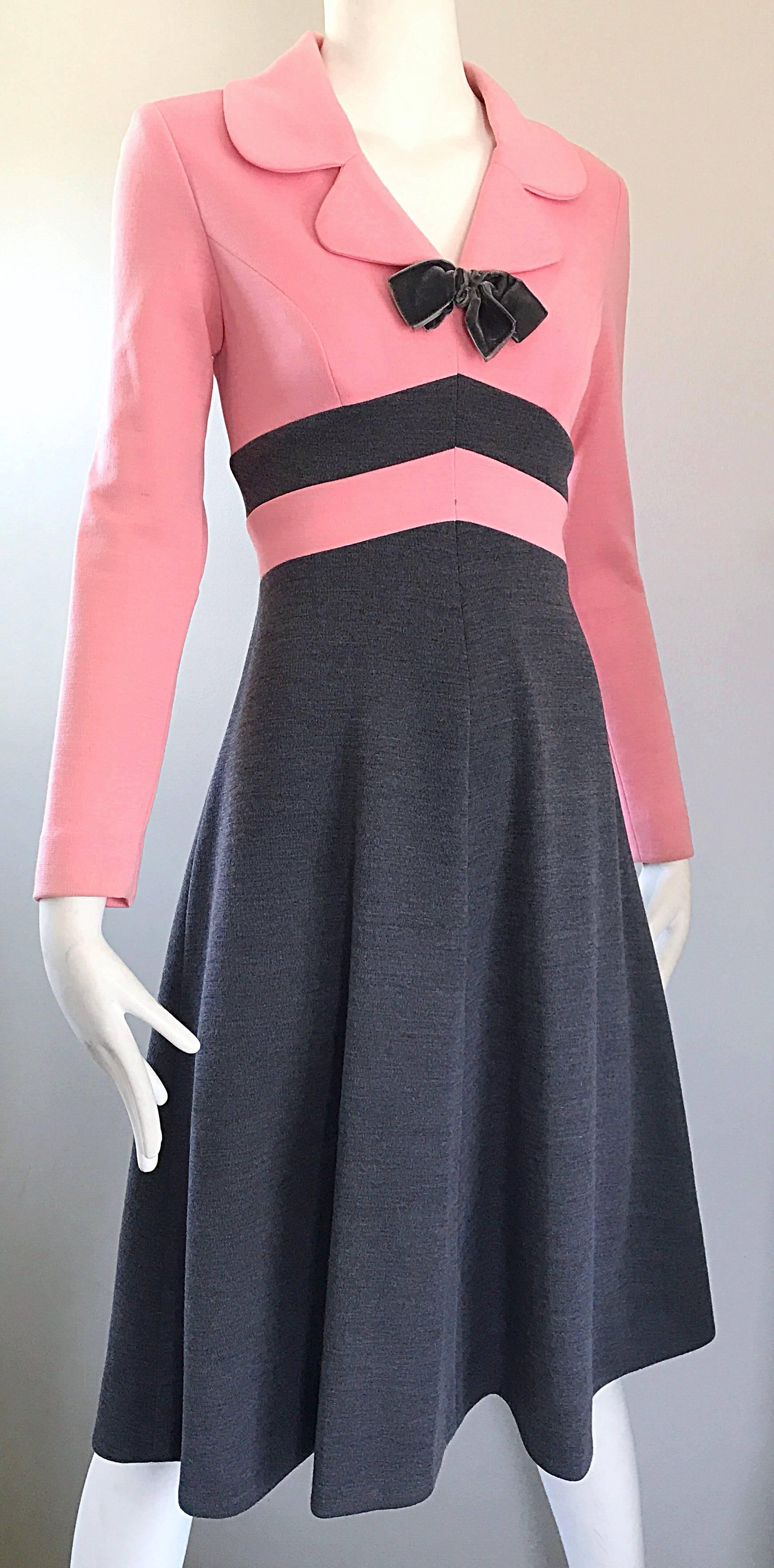 Black 1960s Bubblegum Pink and Charcoal Gray Long Sleeve Vintage 60s Knit A Line Dress