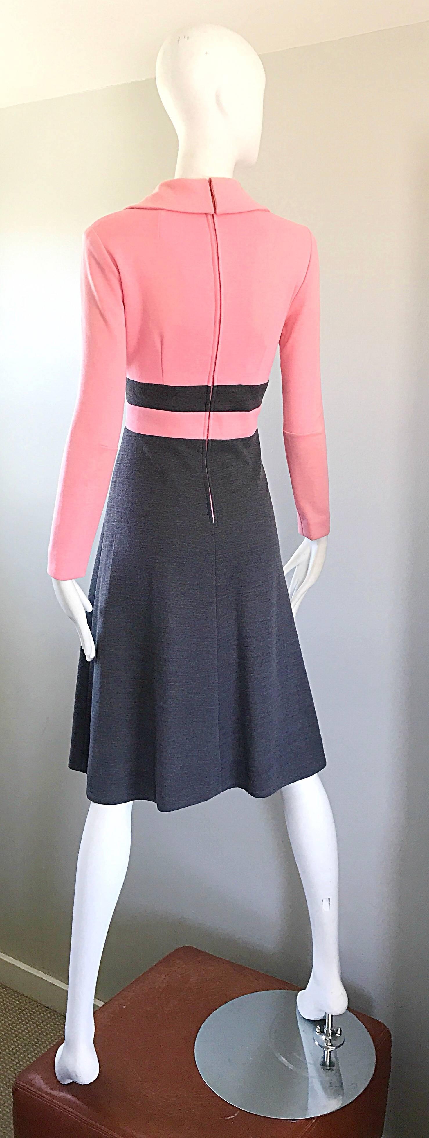 1960s Bubblegum Pink and Charcoal Gray Long Sleeve Vintage 60s Knit A Line Dress In Excellent Condition In San Diego, CA
