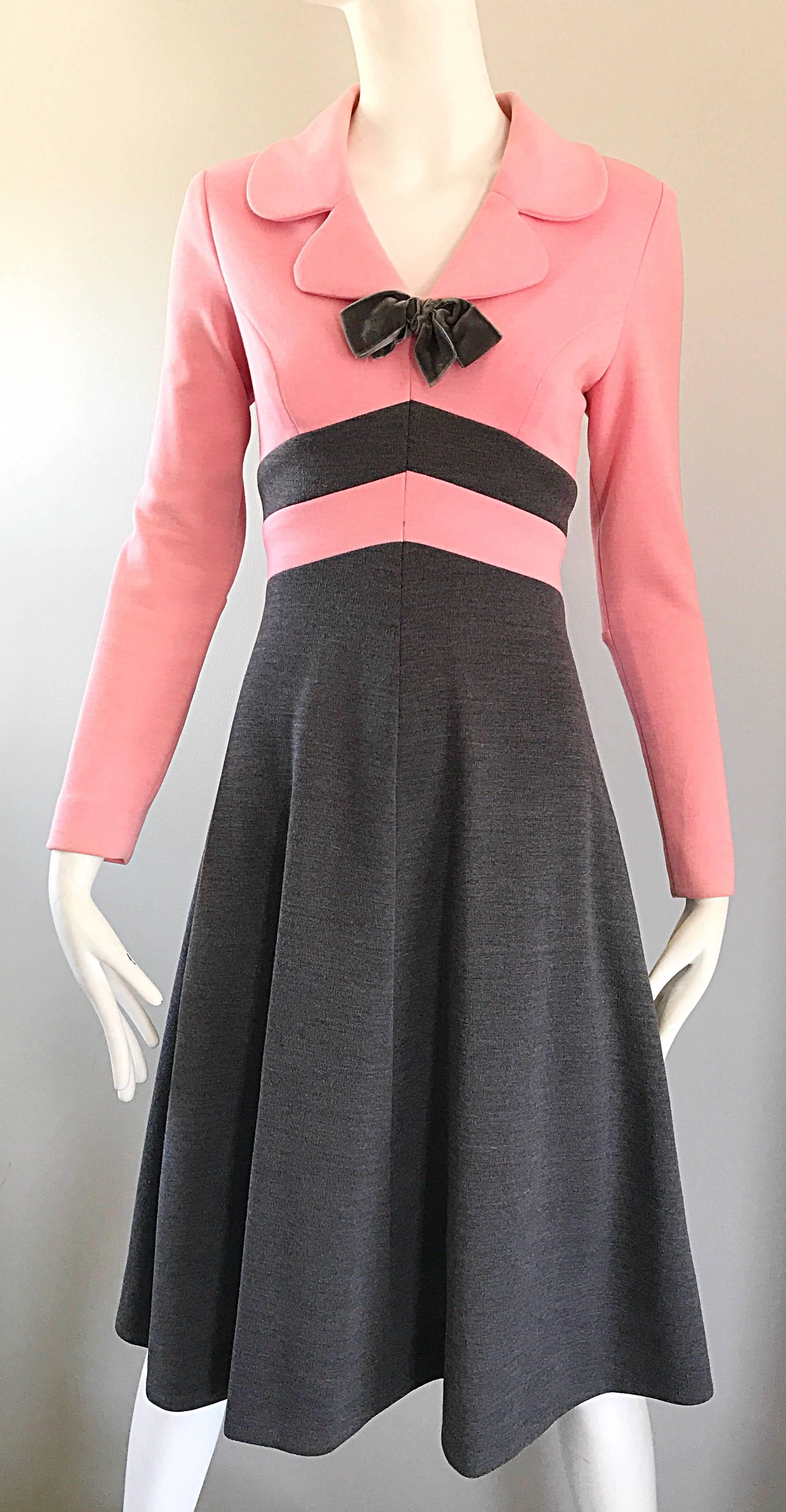 Women's 1960s Bubblegum Pink and Charcoal Gray Long Sleeve Vintage 60s Knit A Line Dress