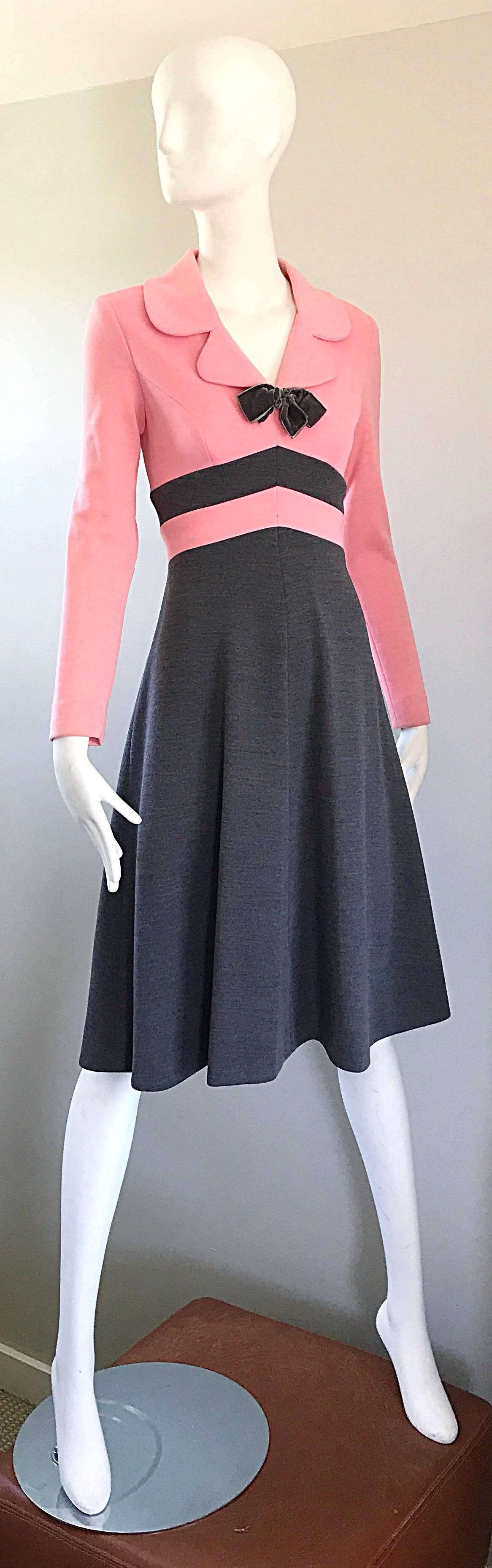 1960s Bubblegum Pink and Charcoal Gray Long Sleeve Vintage 60s Knit A Line Dress 1