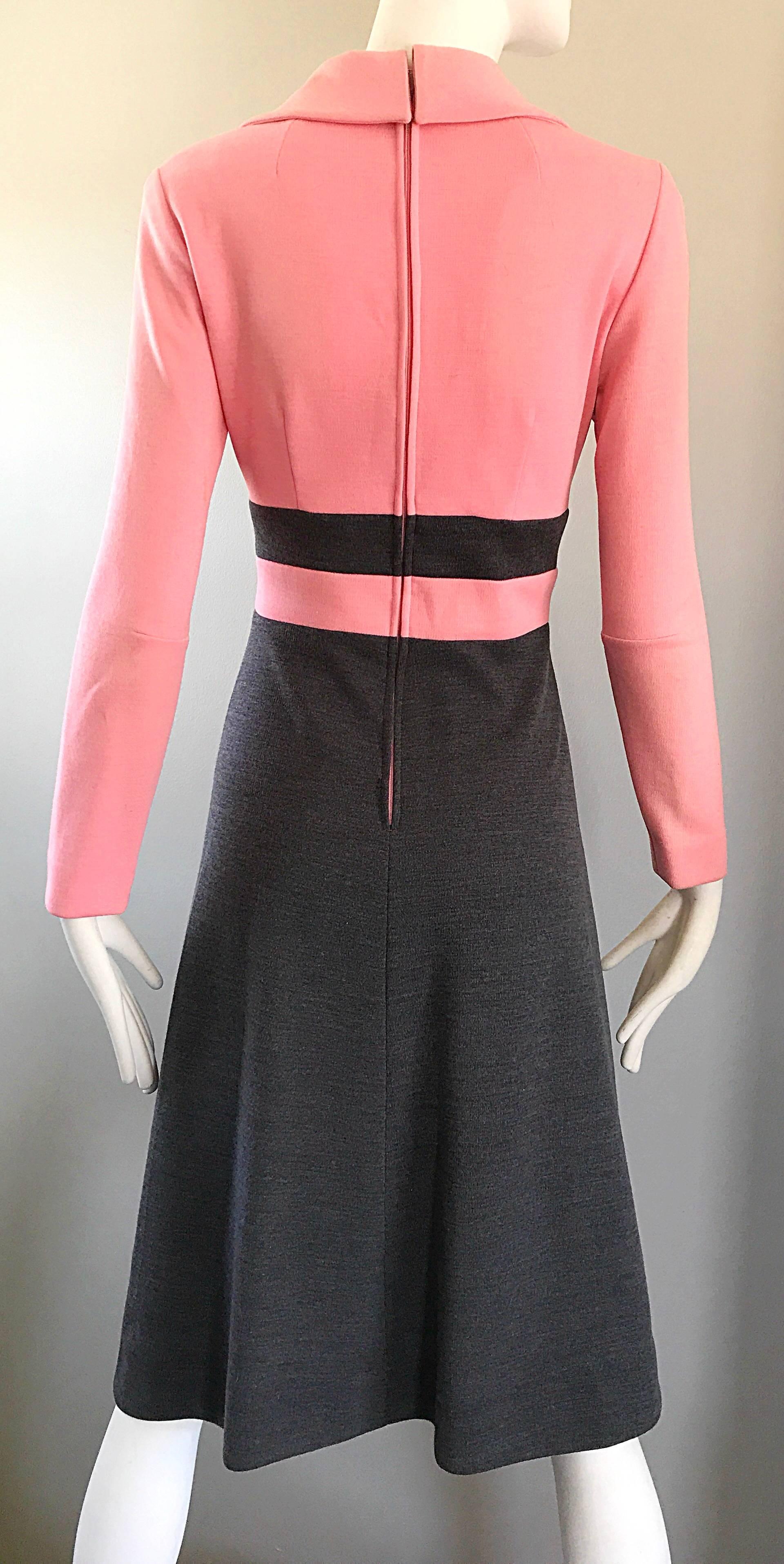 1960s Bubblegum Pink and Charcoal Gray Long Sleeve Vintage 60s Knit A Line Dress 2