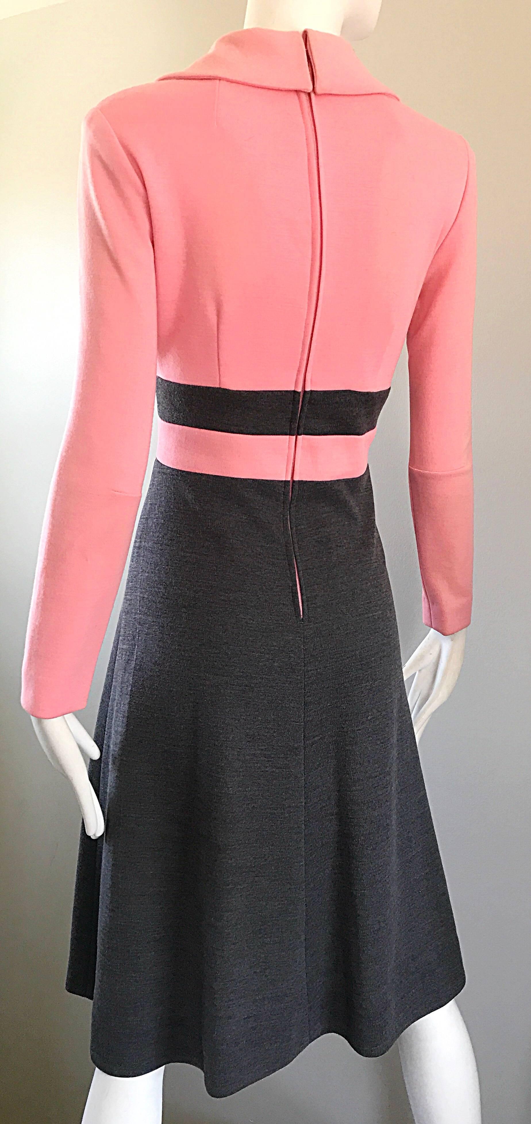 1960s Bubblegum Pink and Charcoal Gray Long Sleeve Vintage 60s Knit A Line Dress 3
