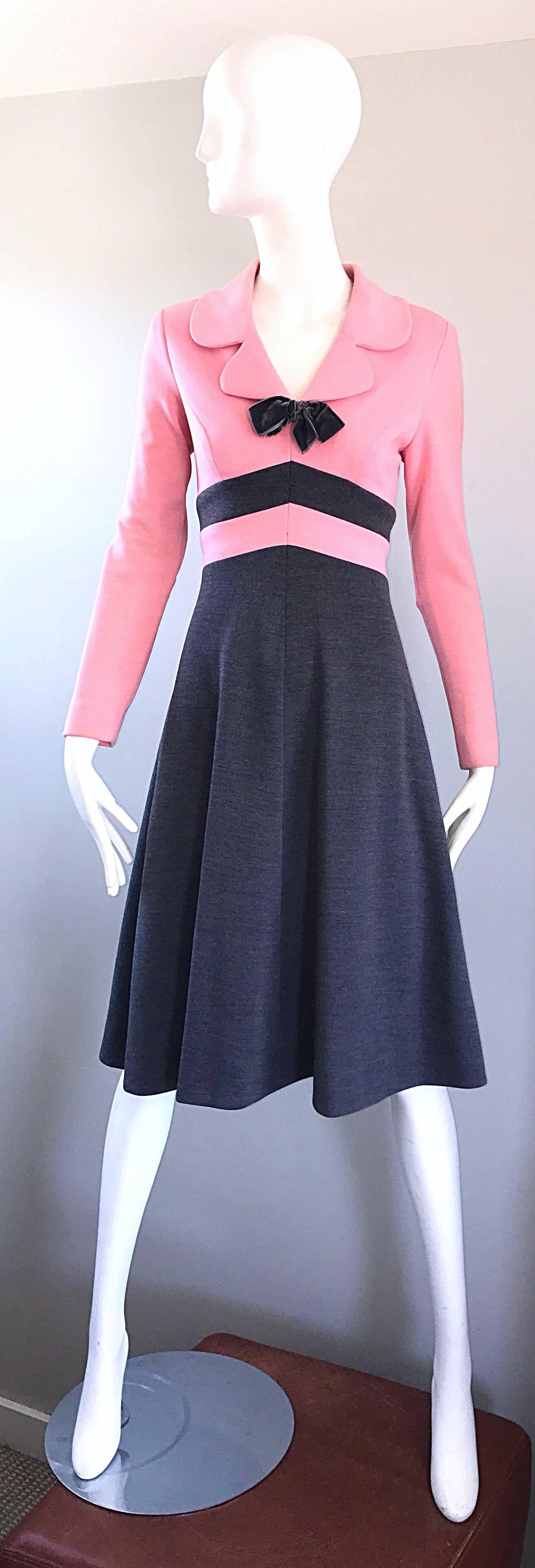 1960s Bubblegum Pink and Charcoal Gray Long Sleeve Vintage 60s Knit A Line Dress 4