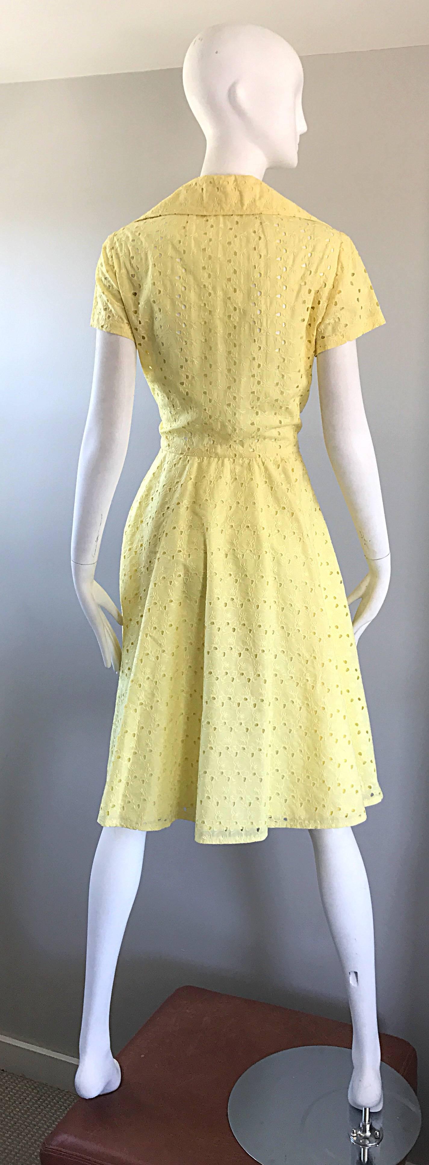 Women's 1950s Demi Couture Pale Yellow Eyelet Fit & Flare Short Sleeve Cotton 50s Dress