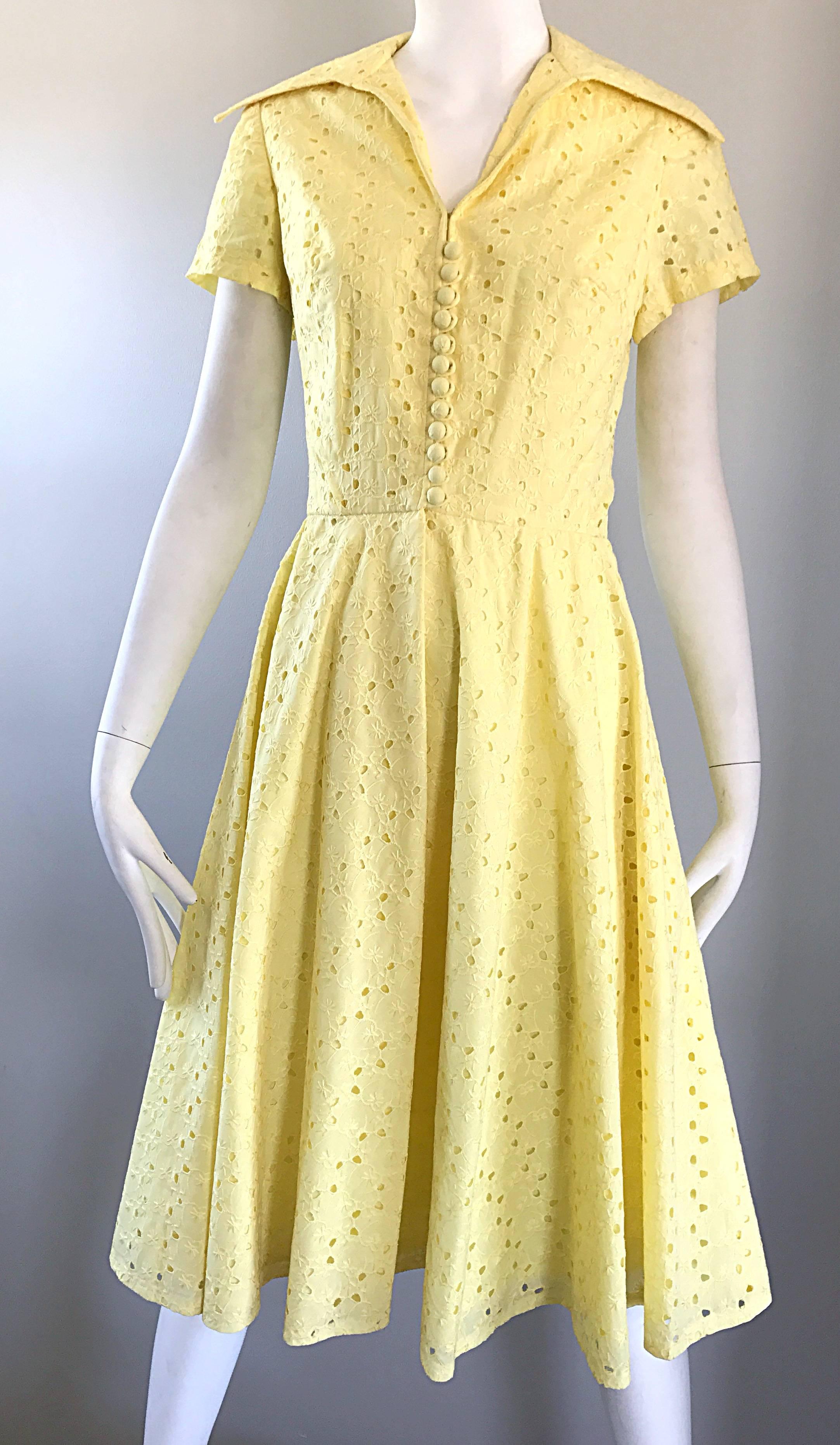1950s Demi Couture Pale Yellow Eyelet Fit & Flare Short Sleeve Cotton 50s Dress 1